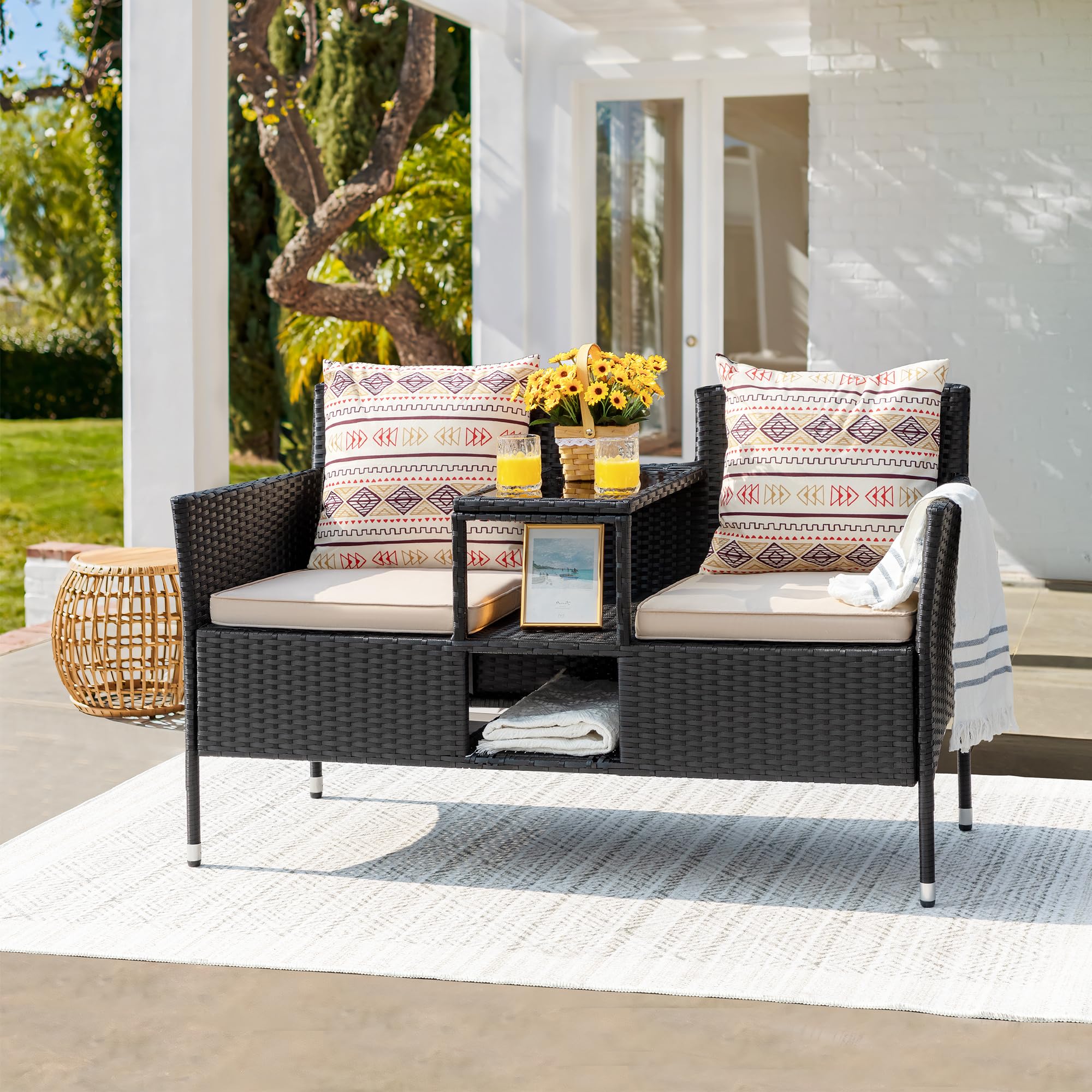 Outdoor Rattan Loveseat with Built-In Table
