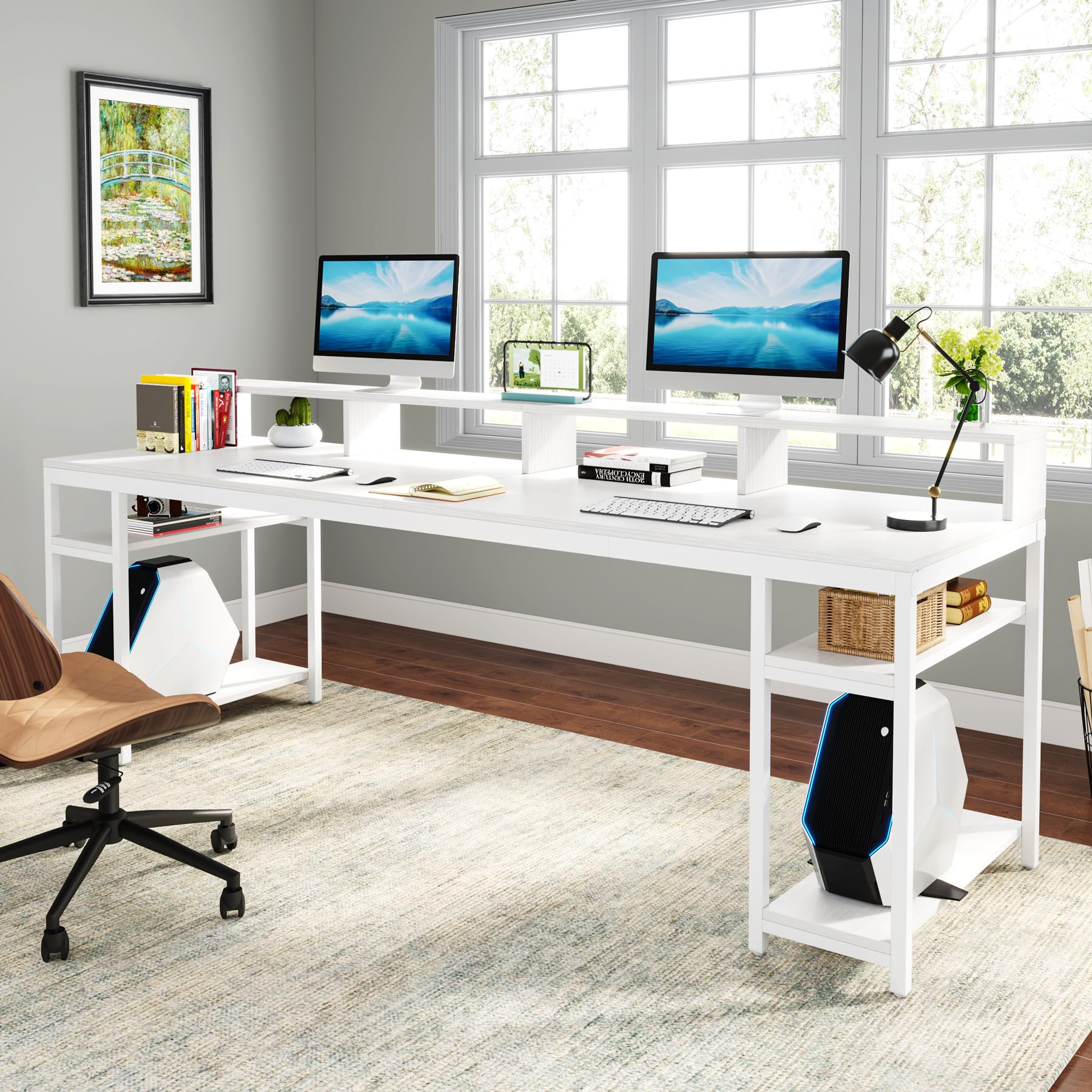 78.74" Double Desk with Monitor Stand & Storage Shelves