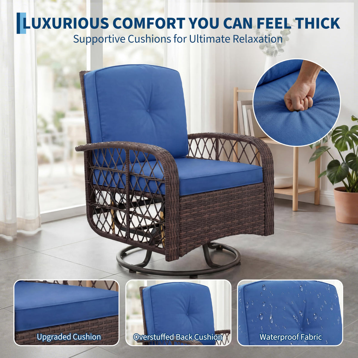 SLEKVERSA 3-Piece Swivel Bistro Patio Set – All-Weather Wicker Chairs with Tempered Glass Table & Thick Blue Cushions for Garden, Balcony, Deck – Brown Gradient Rattan + Blue Cushion