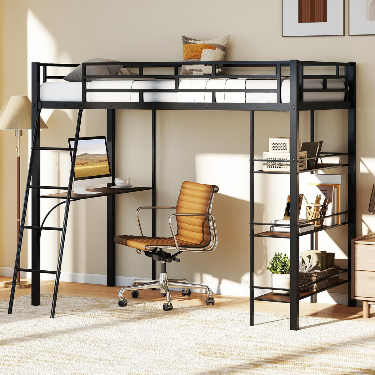 GIANTEX Twin Size Loft Bed with Desk & Shelves, Metal Bed Frame with Inclined Ladder & Full-Length Guardrails, High Loft Bed for Kids, Teens, Home, Dorm, Apartment, No Box Spring Needed