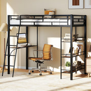 GIANTEX Twin Size Loft Bed with Desk & Shelves, Metal Bed Frame with Inclined Ladder & Full-Length Guardrails, High Loft Bed for Kids, Teens, Home, Dorm, Apartment, No Box Spring Needed