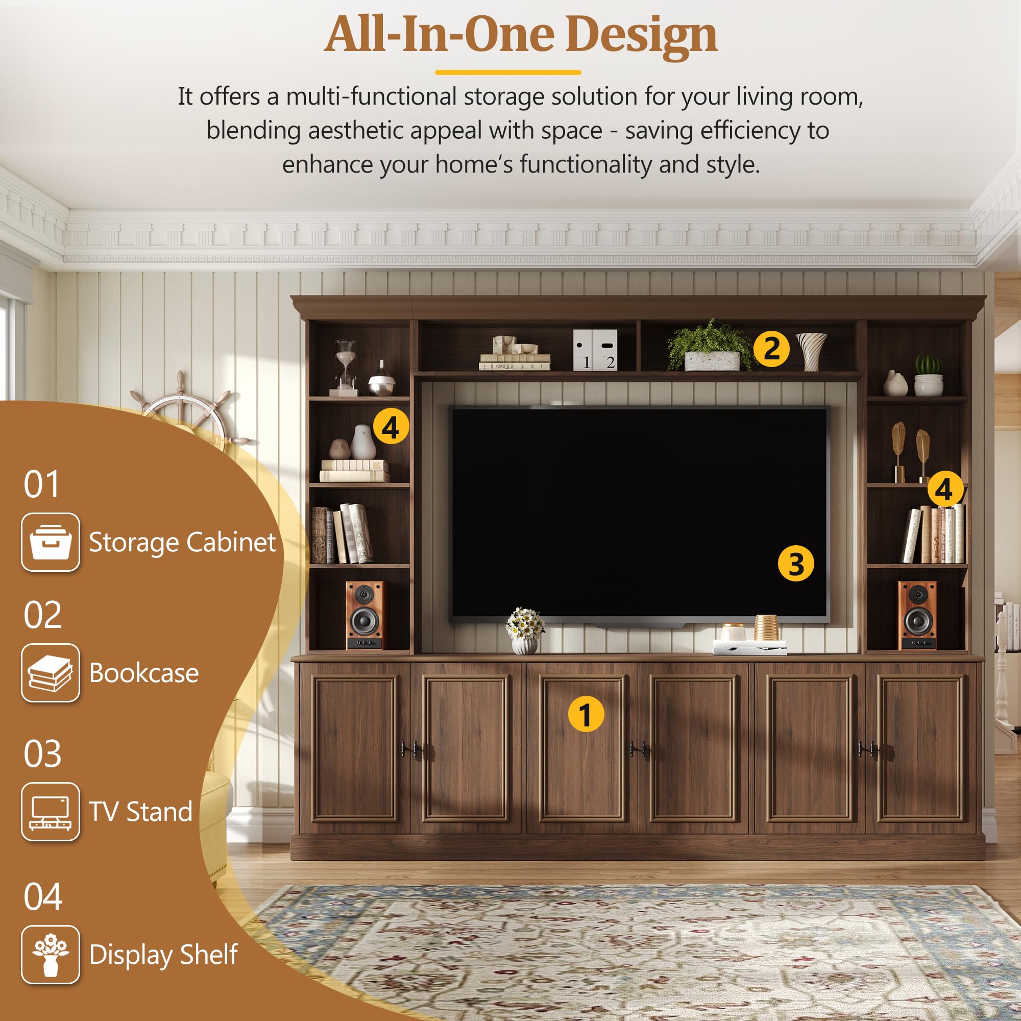SOFTSEA 4-Piece Entertainment Center Wall Unit for TVs up to 70", Large TV Stand with 6 Doors & Adjustable Shelves, Mid-Century Modern Wall Unit with Bookshelves for Living Room, Walnut