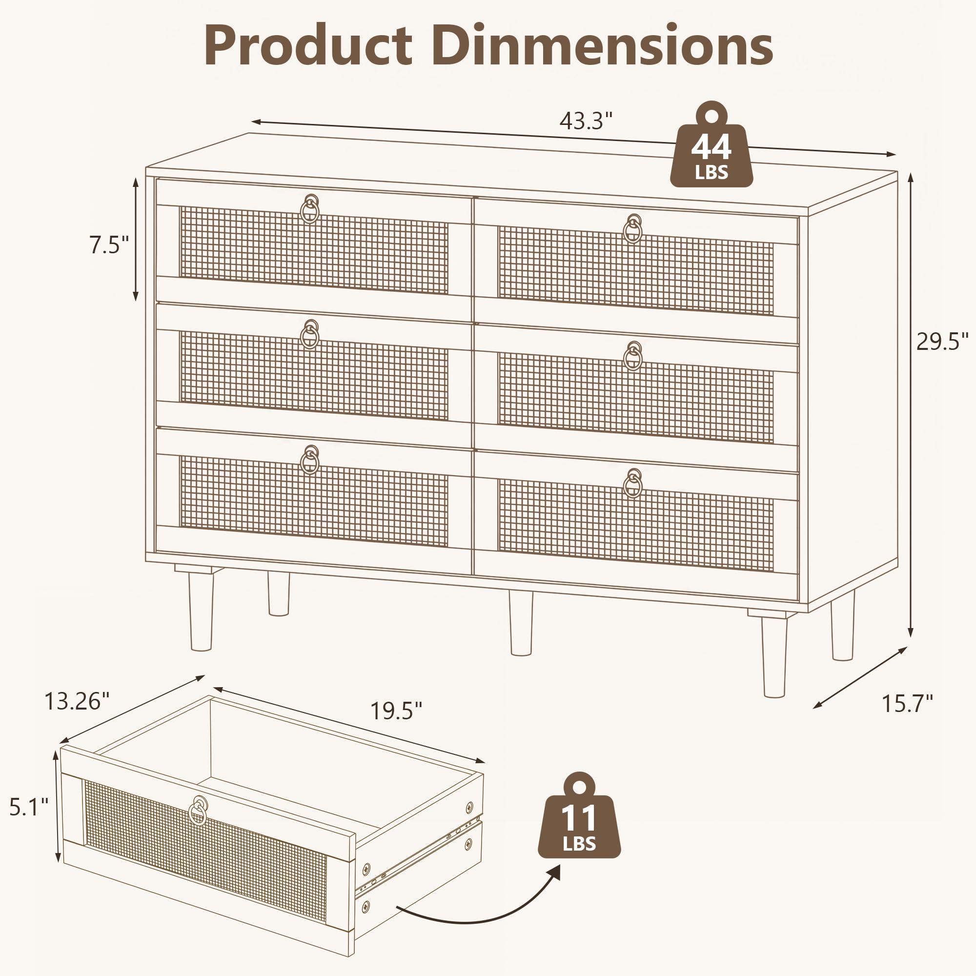 LAZZO 6 Drawer Dresser for Bedroom Dresser for Closet Rattan Chest of Drawers Mid Century Modern TV Stand with Golden Handles for Closet, Living Room and Apartment (Walnut)