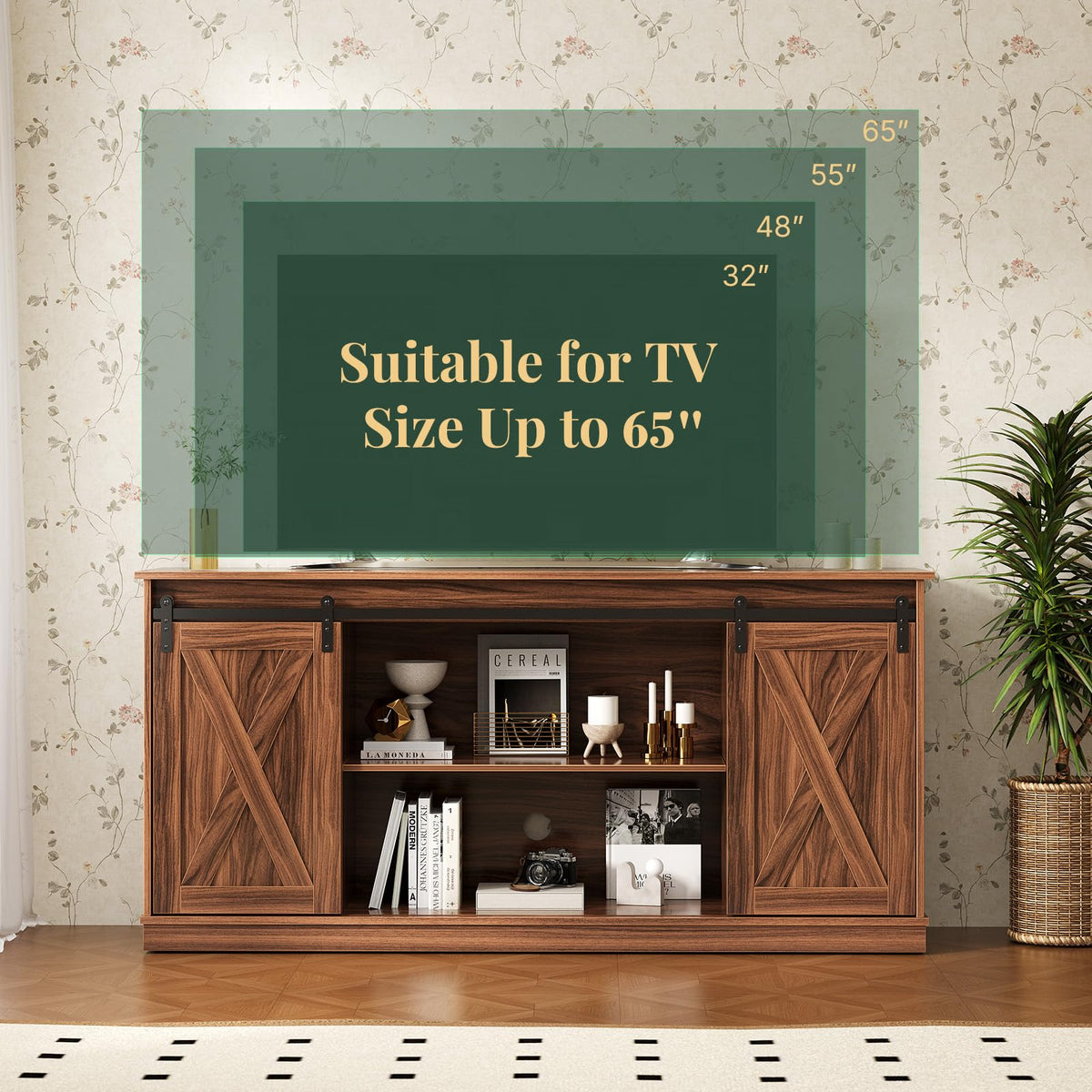 HAPPYMONT Farmhouse TV Stand for 65 Inch TV, Media Console, Espresso