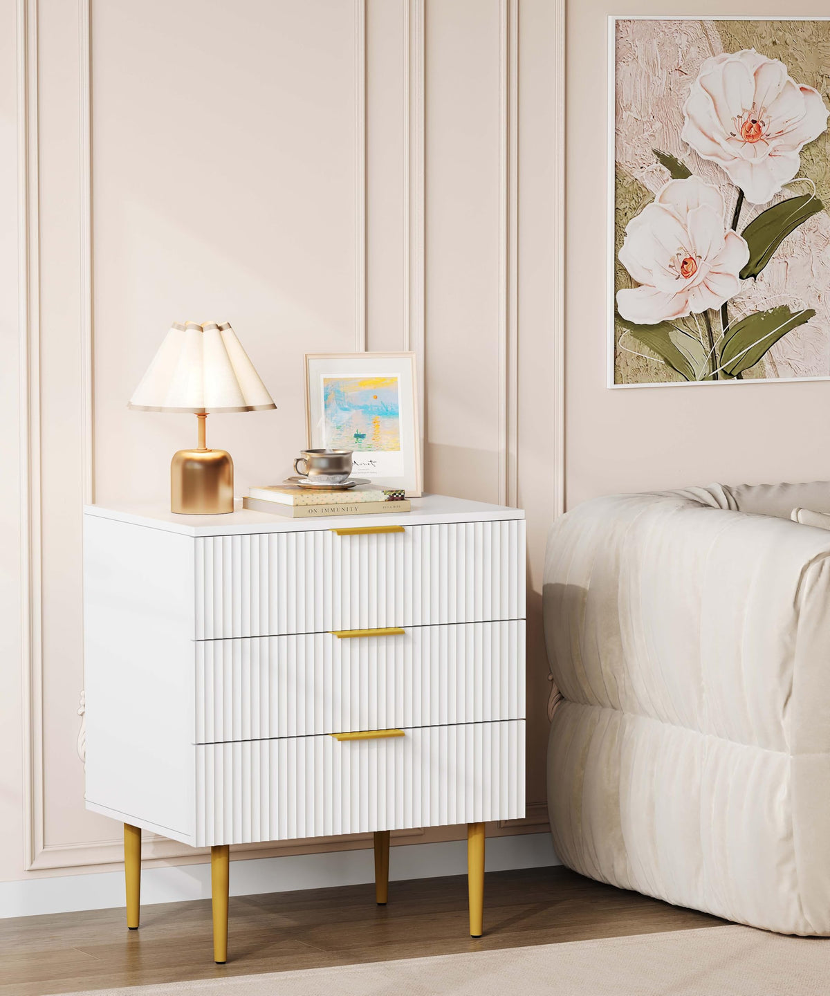 White Fluted Nightstand with Charging Station
