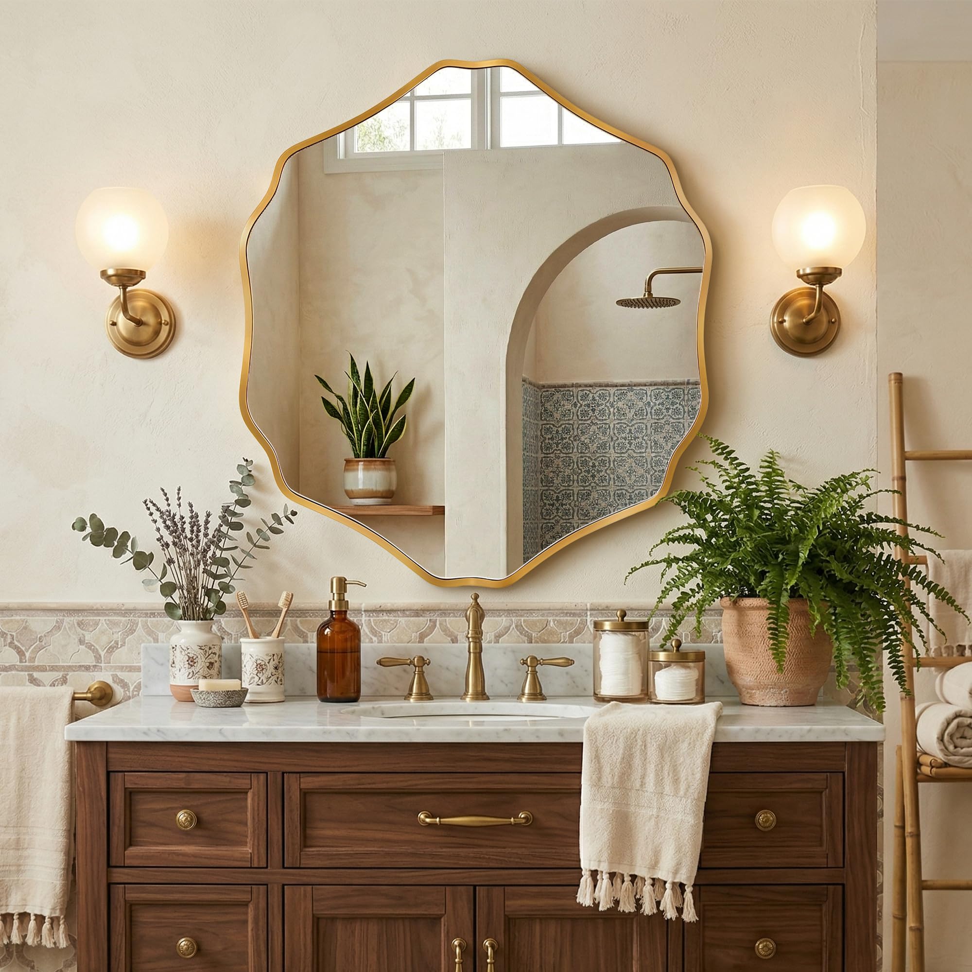 Hexagonal Wall Mirror with Wavy Edge & Brushed Gold Frame