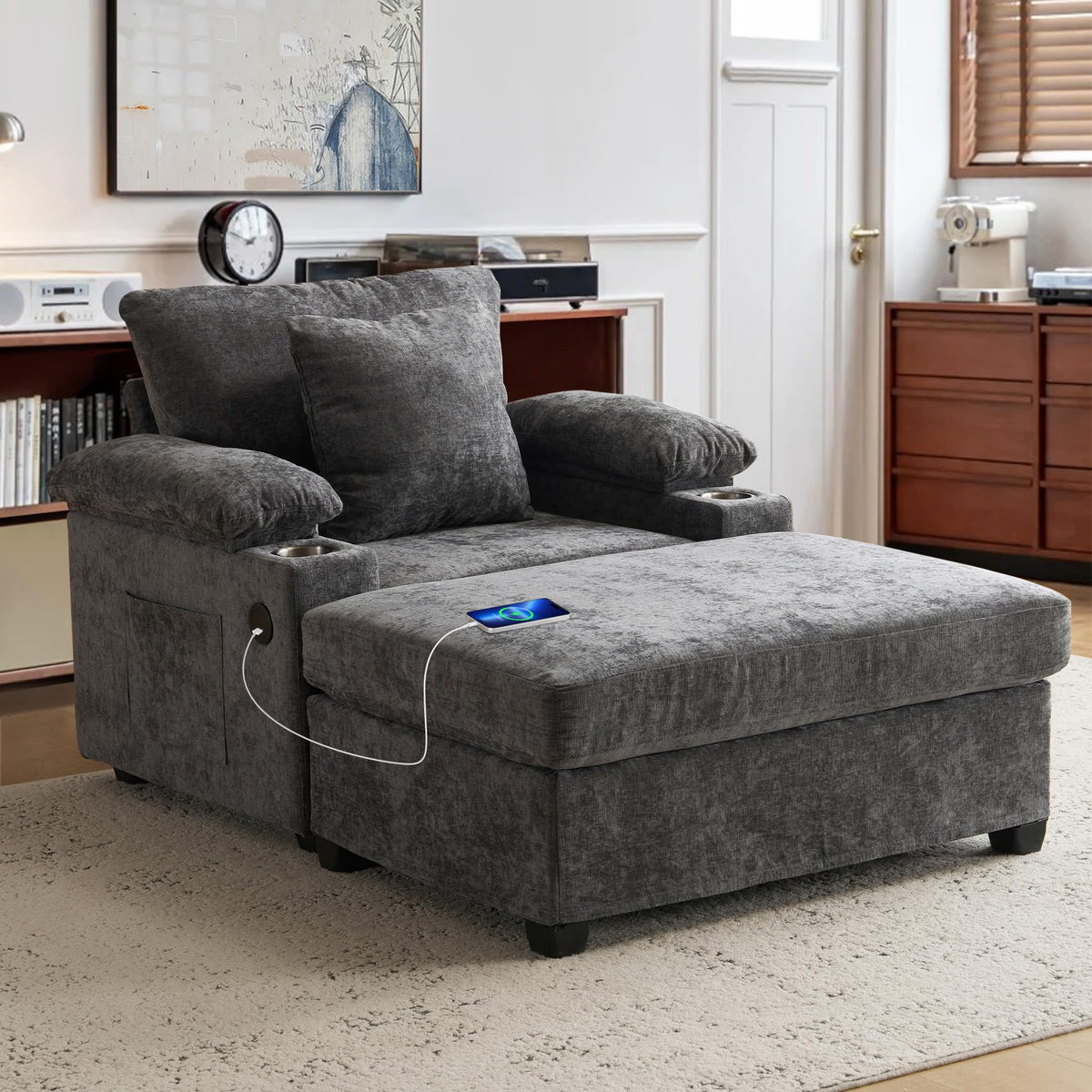 SUNWAVE Chaise Lounge Chair with Ottoman, Chenille Fabric Sofa Bed