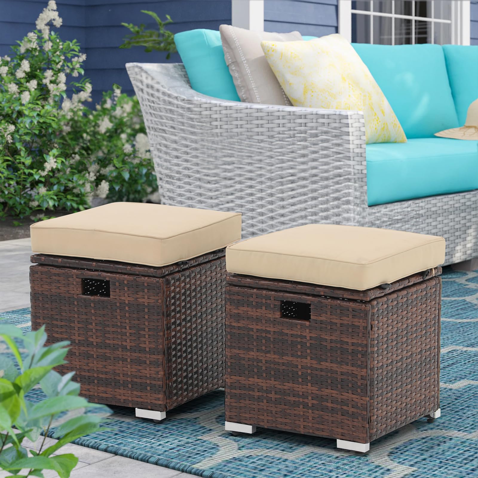 Outdoor Rattan Storage Ottoman Set of 2