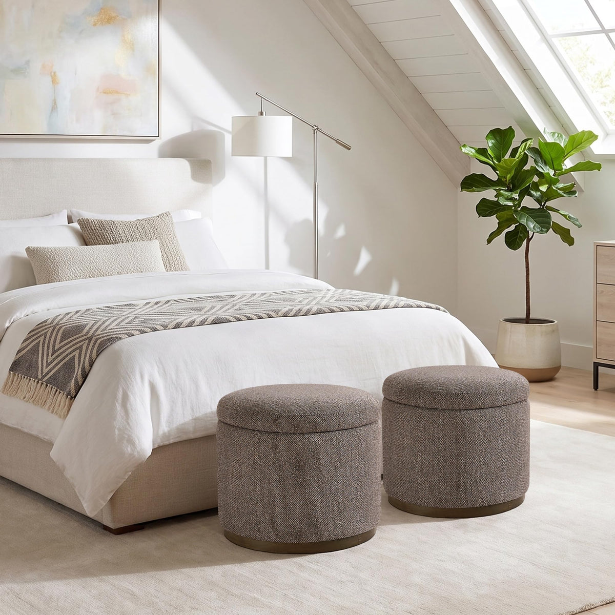 Round Bouclé Storage Ottoman