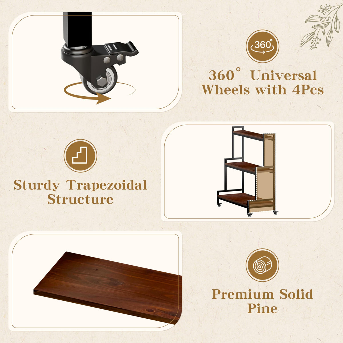 3-Tier Rolling Wood Plant Stand