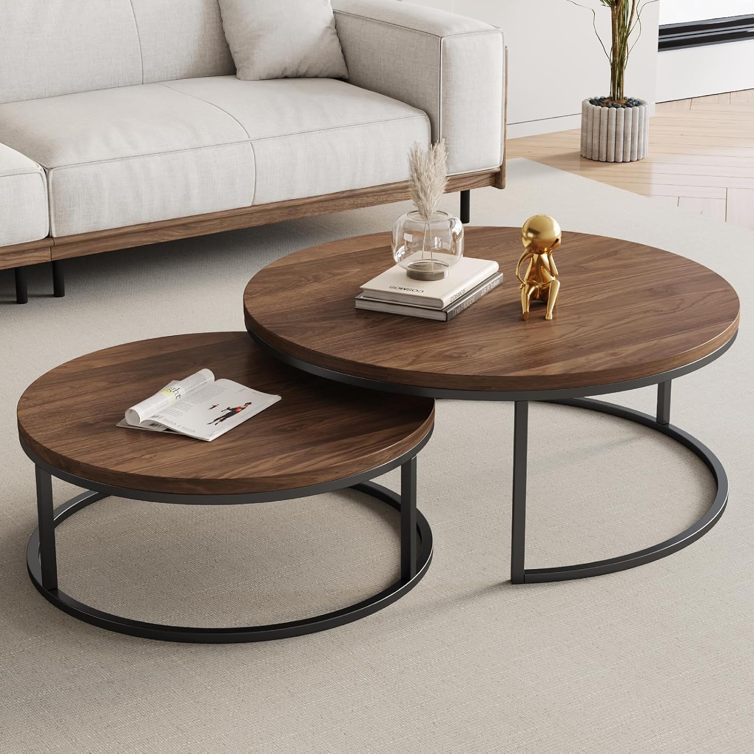 Round Nesting Coffee Table Set of 2, Modern Minimalist Accent Tables for Living Room, Bedroom, Office, Stackable Side Tables (Walnut)