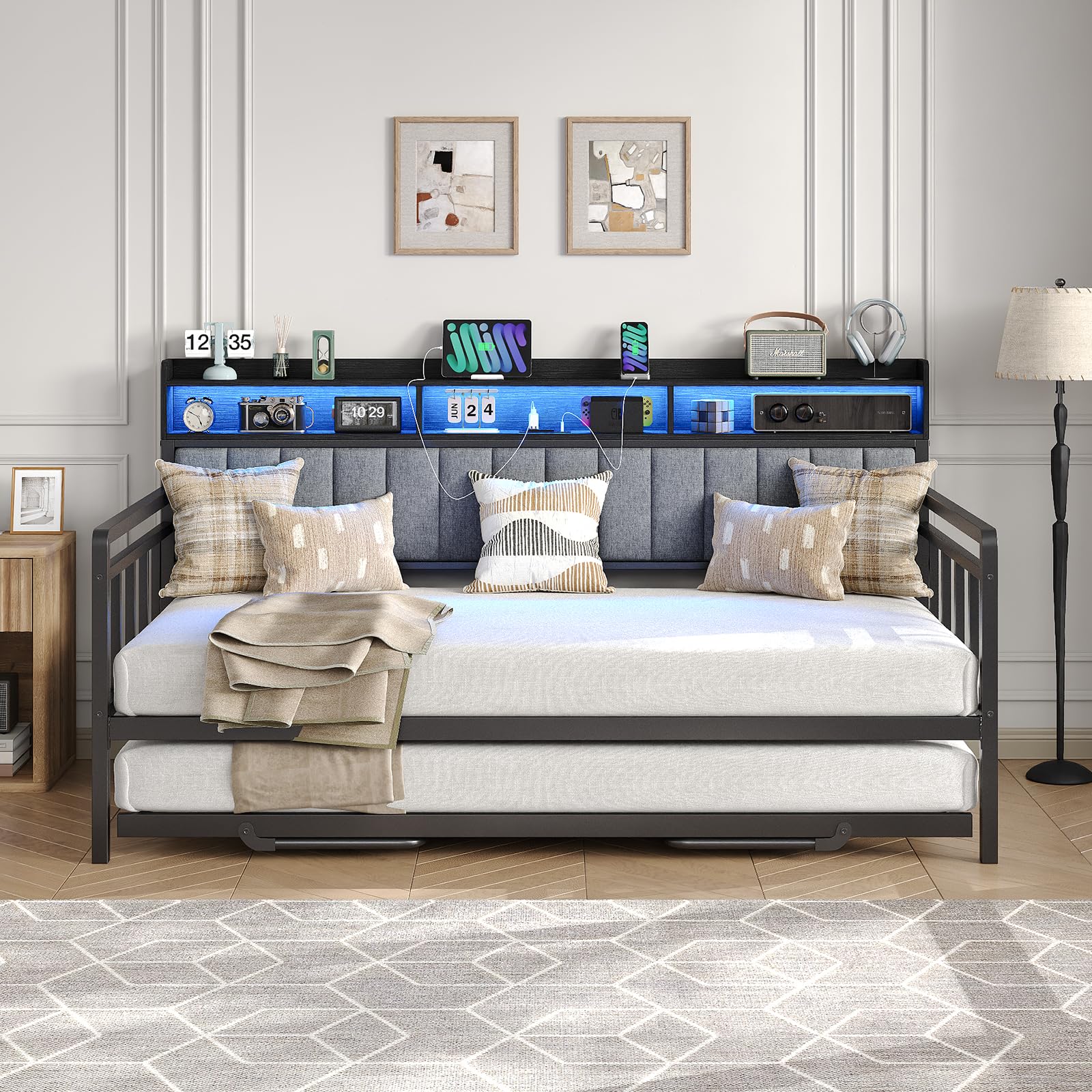 Daybed with Trundle & RGB Lights, Twin Sofa Bed Frame with Charging Station, Pull Point Day Bed with Storage Headboard, Heavy Duty Metal Trundle Bed Twin for Living Room, Bedroom, Guest Room