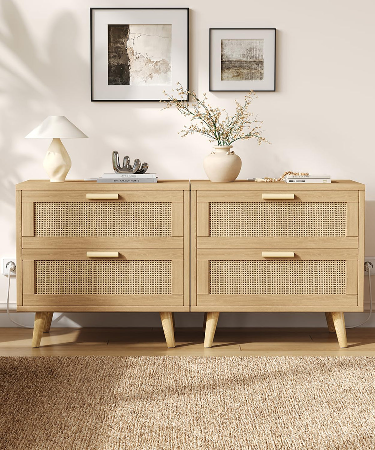 Rattan Nightstand with Charging Station
