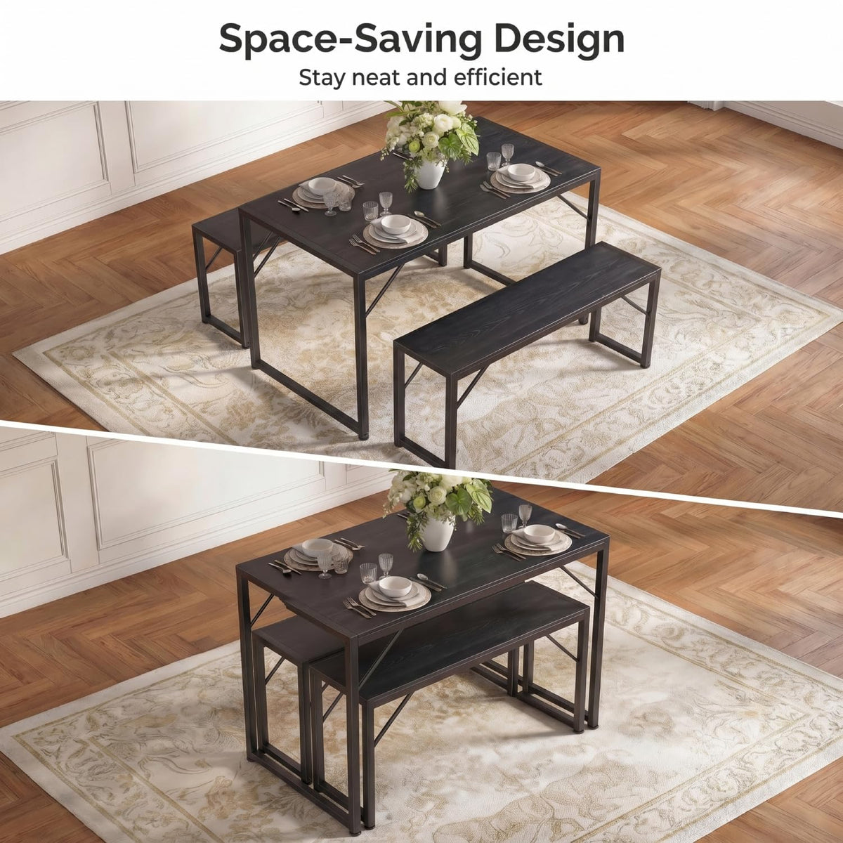 Bealife Dining Table Set for 4 with Metal Frame and MDF Board - Black