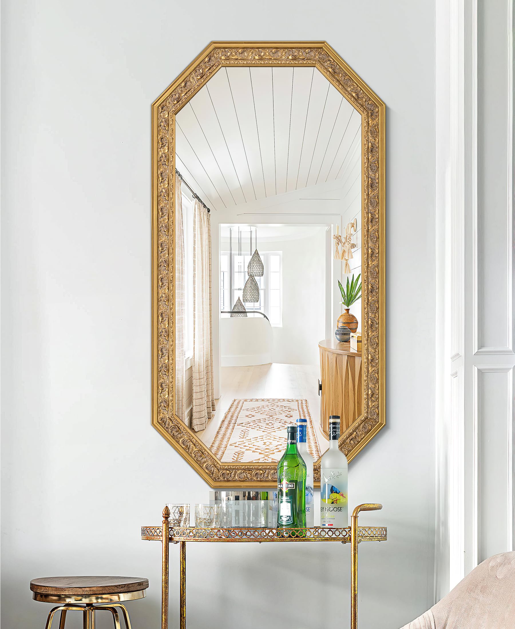 Octagonal Gold Wall Mirror with Carved Wood Frame