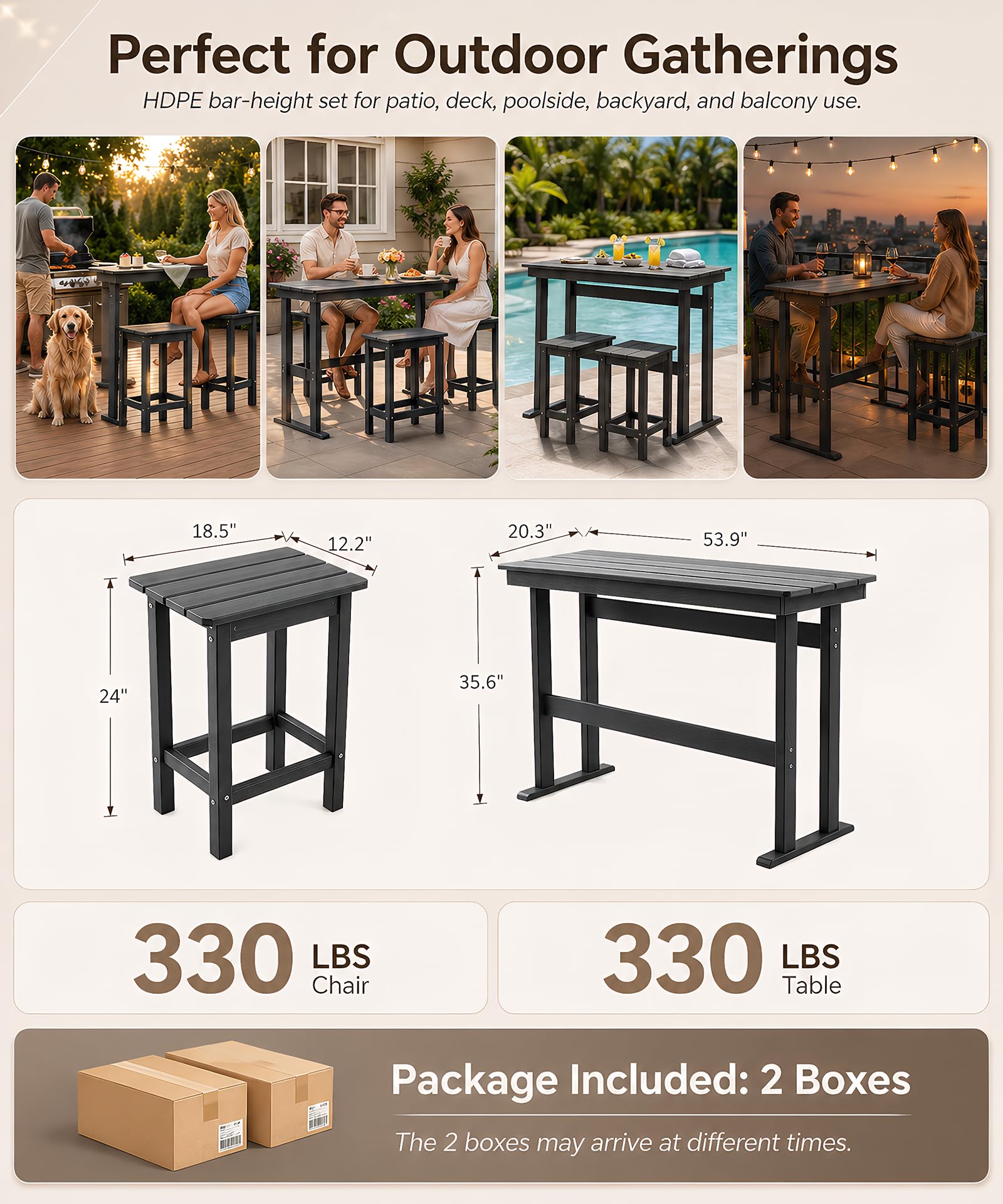 3-Piece Outdoor HDPE Bar Table & Stool Set