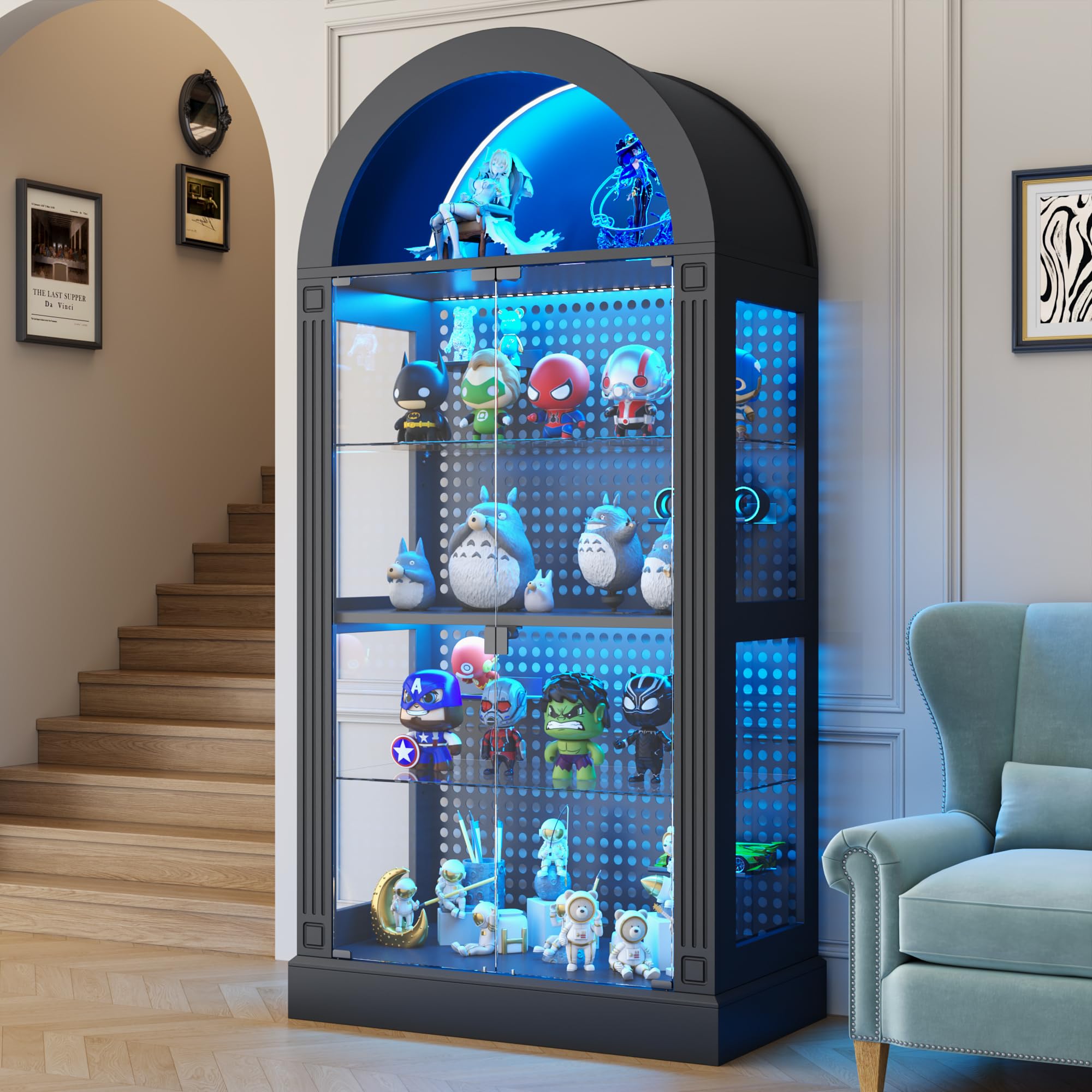 kepptory 5-Tier Glass Display Cabinet with Glass Doors, 71" Tall Arched Curio Cabinet with Roman Line Design and LED Lights, Display Case for Collectibles Bookcase Office and Kitchen