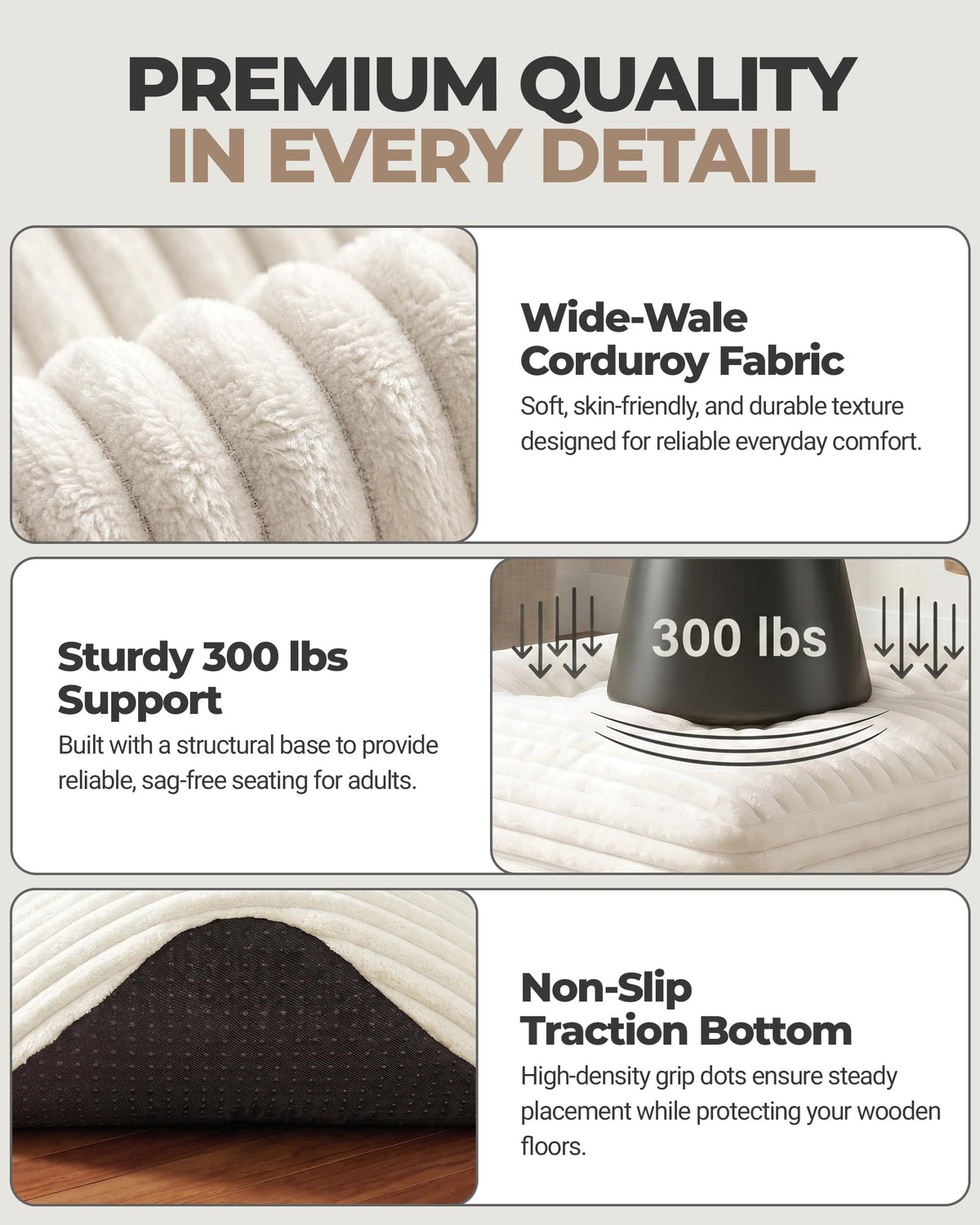 Fabulcozy 23.6in Pouf Ottoman, Corduroy Footstool Foot Rest Seating, Beige