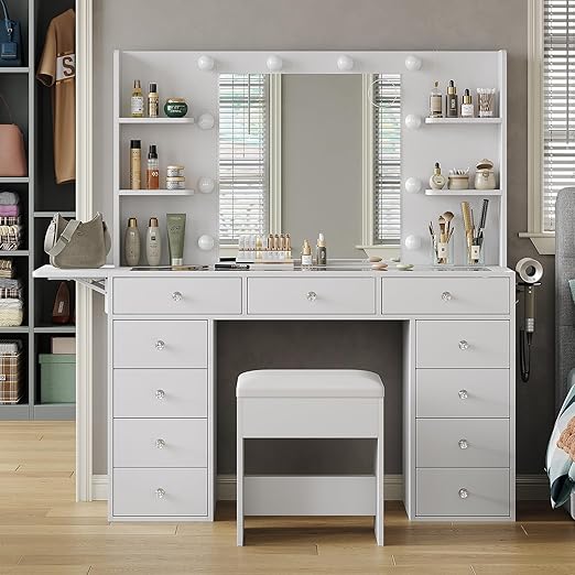 10-Drawer Lighted Makeup Vanity with Mirror