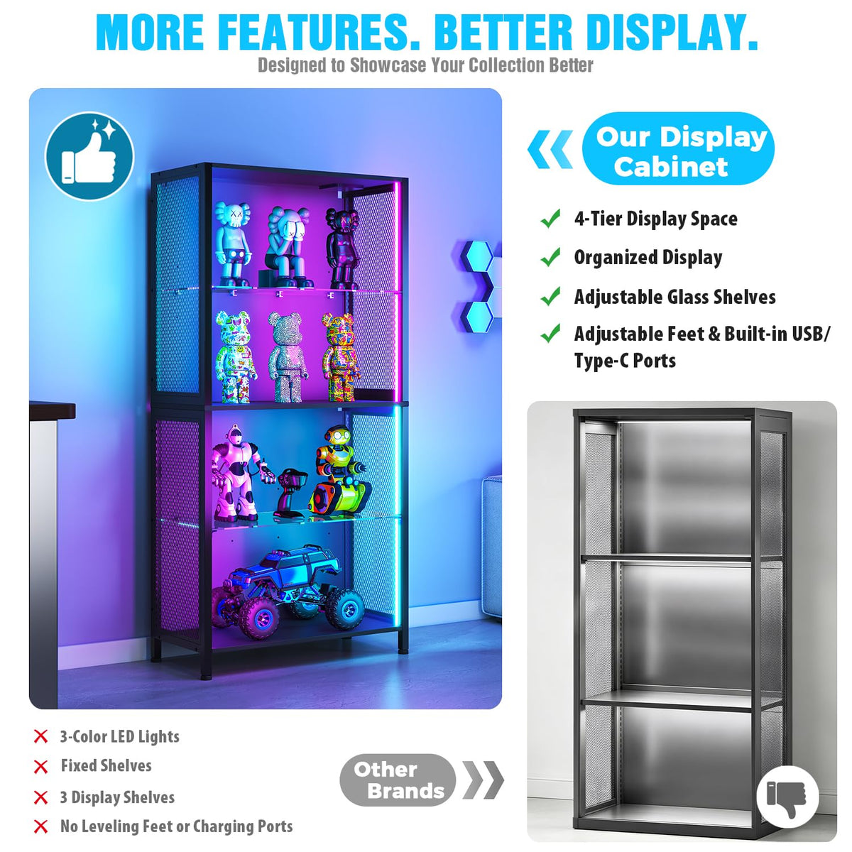 4-Tier Display Cabinet with RGB Lights and Glass Shelves