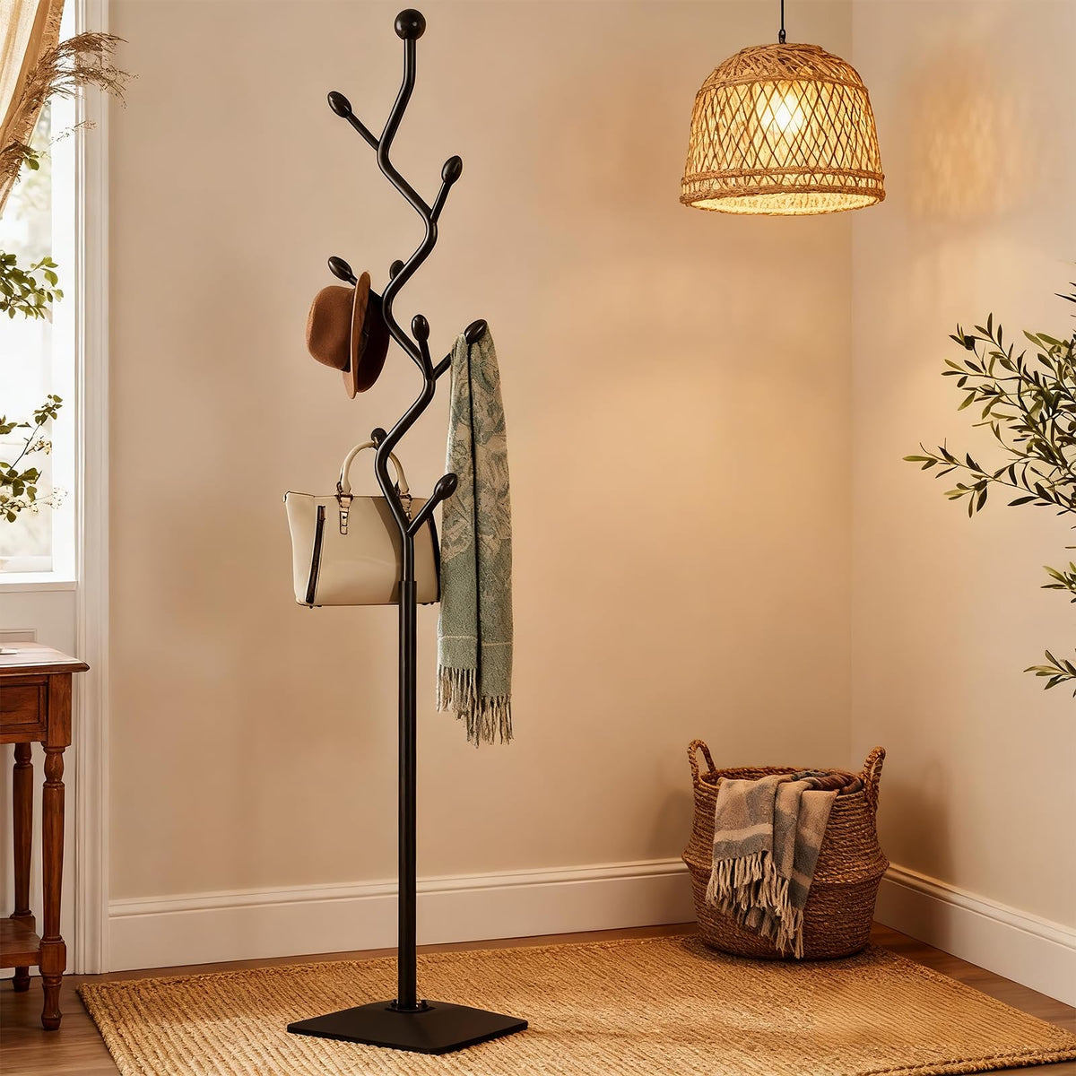 HAZHEYE Coat Rack,Metal Coat Tree Freestanding with 8 Hooks, Creative Design Tree Branch-look,Standing Coat Rack,Coat Hanger Stand with Stury cast iron Base for Entryway, Hallway, Bedroom (black)