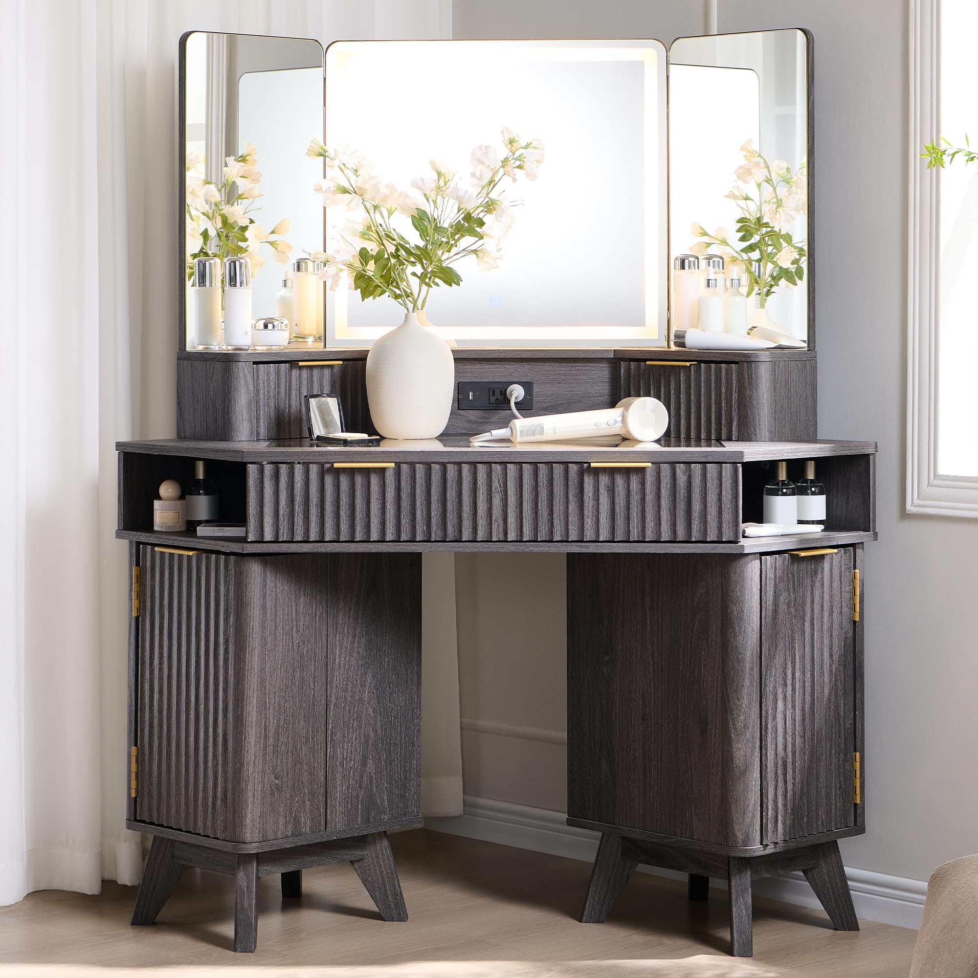 T4TREAM Fluted Makeup Vanity Desk with 3 Way Mirror and Lights, 48" Large Corner Vanity Table with Glass Top, Charging Station, 3 Drawers, Storage Cabinets & Shelves, for Bedroom, Dark Alder