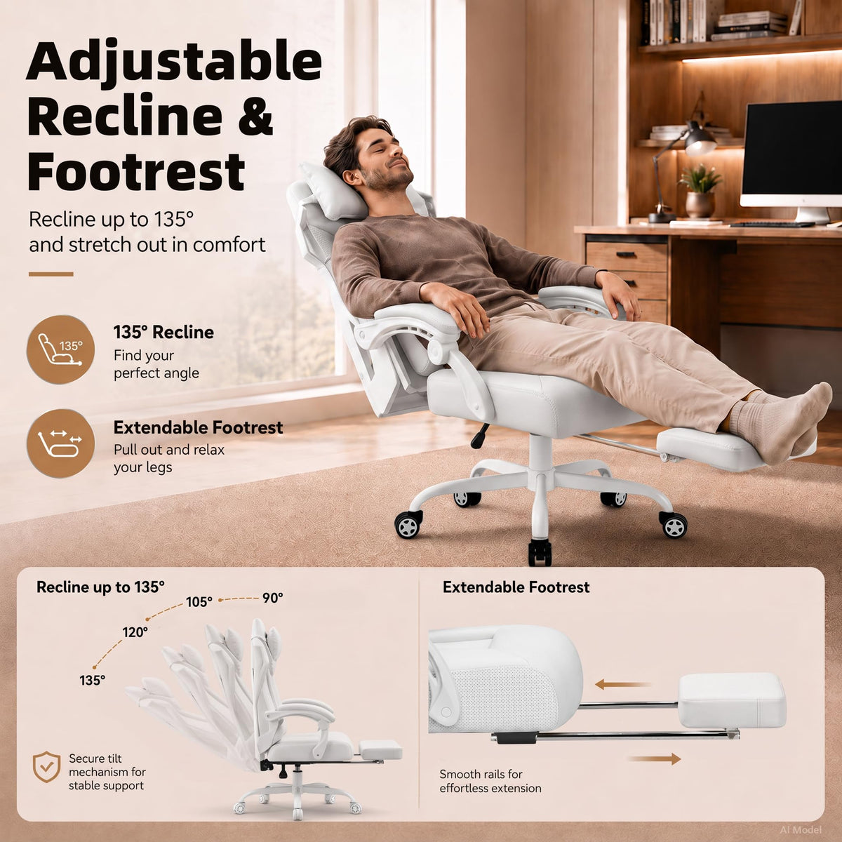 White Mesh Gaming Chair with Footrest