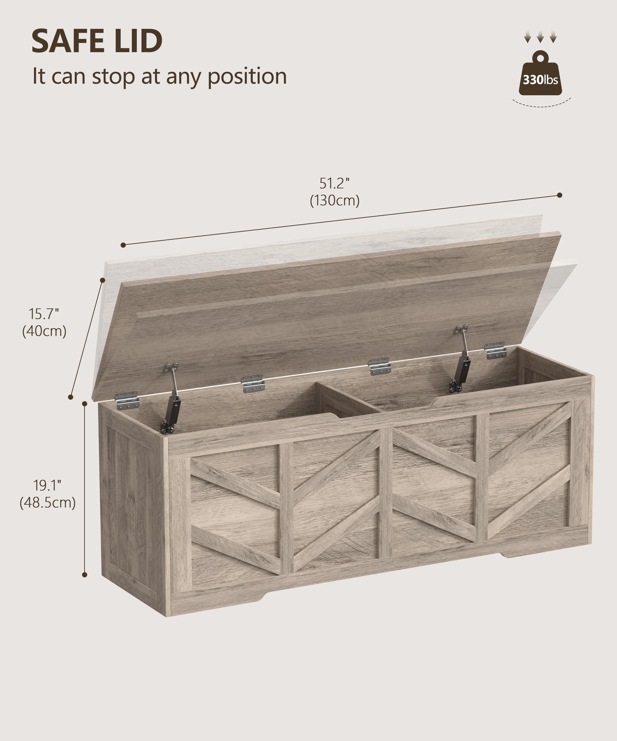 Zeibospri 51.2" Storage Chest, Extra Large Storage Bench with 2 Safety Hinges, Storage Trunk Supports 330 lb, Wooden Blanket Storage for Bedroom, livingroom, entryway, Greige