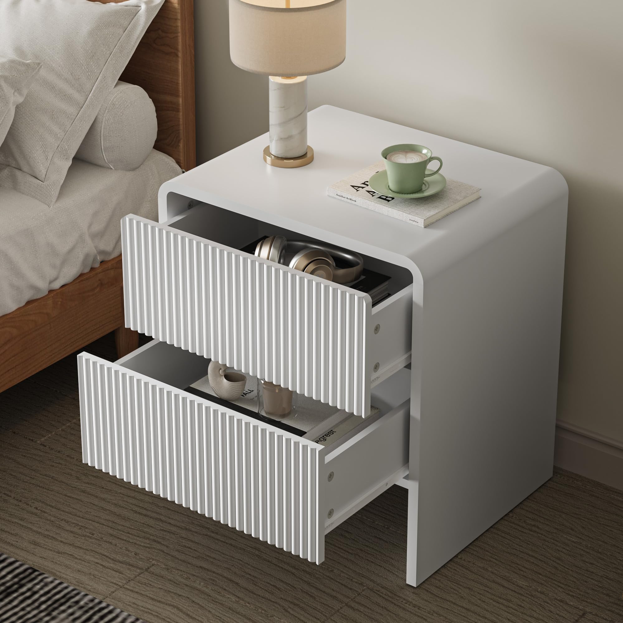 2-Drawer Curved Nightstand with Push-to-Open Storage