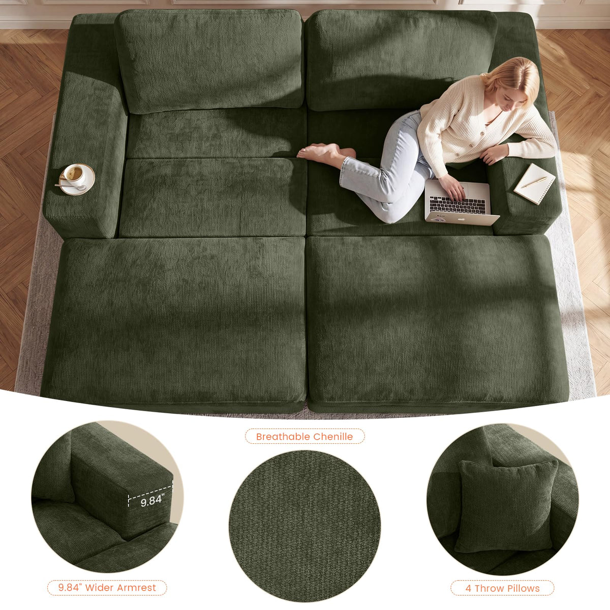 Mifnas Oversized Double Chaise Lounge Chair, Cloud Boneless Sofa Bed, Green