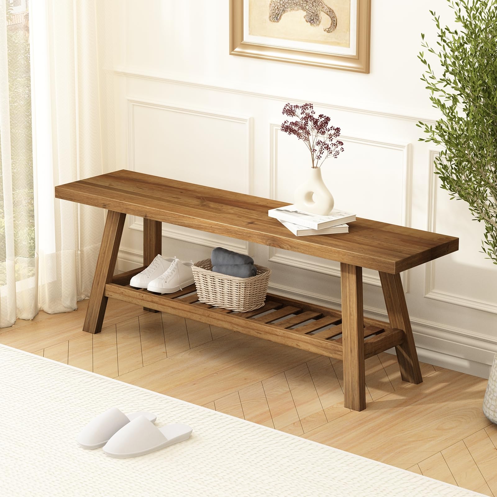 Reclaimed Wood Entryway Bench with Storage Shelf