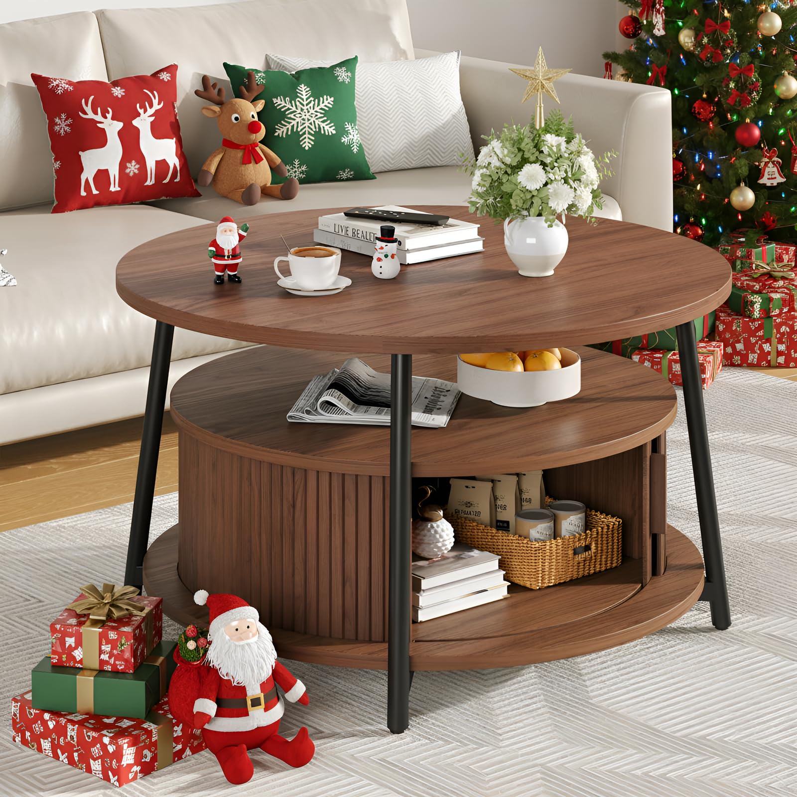 31.5 Inch Round Coffee Table with Storage, Fluted Coffee Tables with 2 Tiers, Mid-Century Modern Center Table with 2 Sliding Doors and Adjustable Footpad for Living Room, Walnut