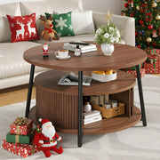 31.5 Inch Round Coffee Table with Storage, Fluted Coffee Tables with 2 Tiers, Mid-Century Modern Center Table with 2 Sliding Doors and Adjustable Footpad for Living Room, Walnut