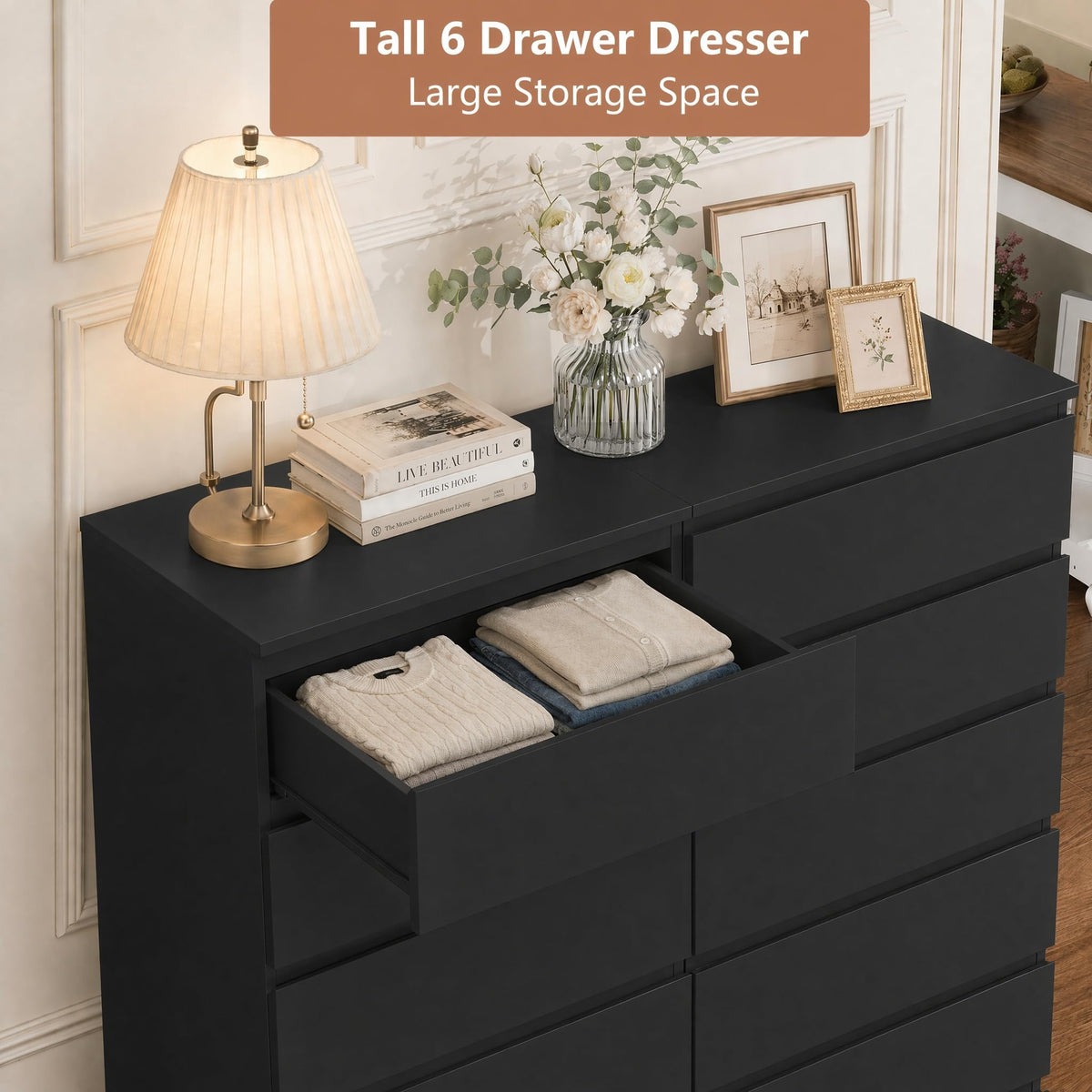 Black 6-Drawer Handleless Dresser