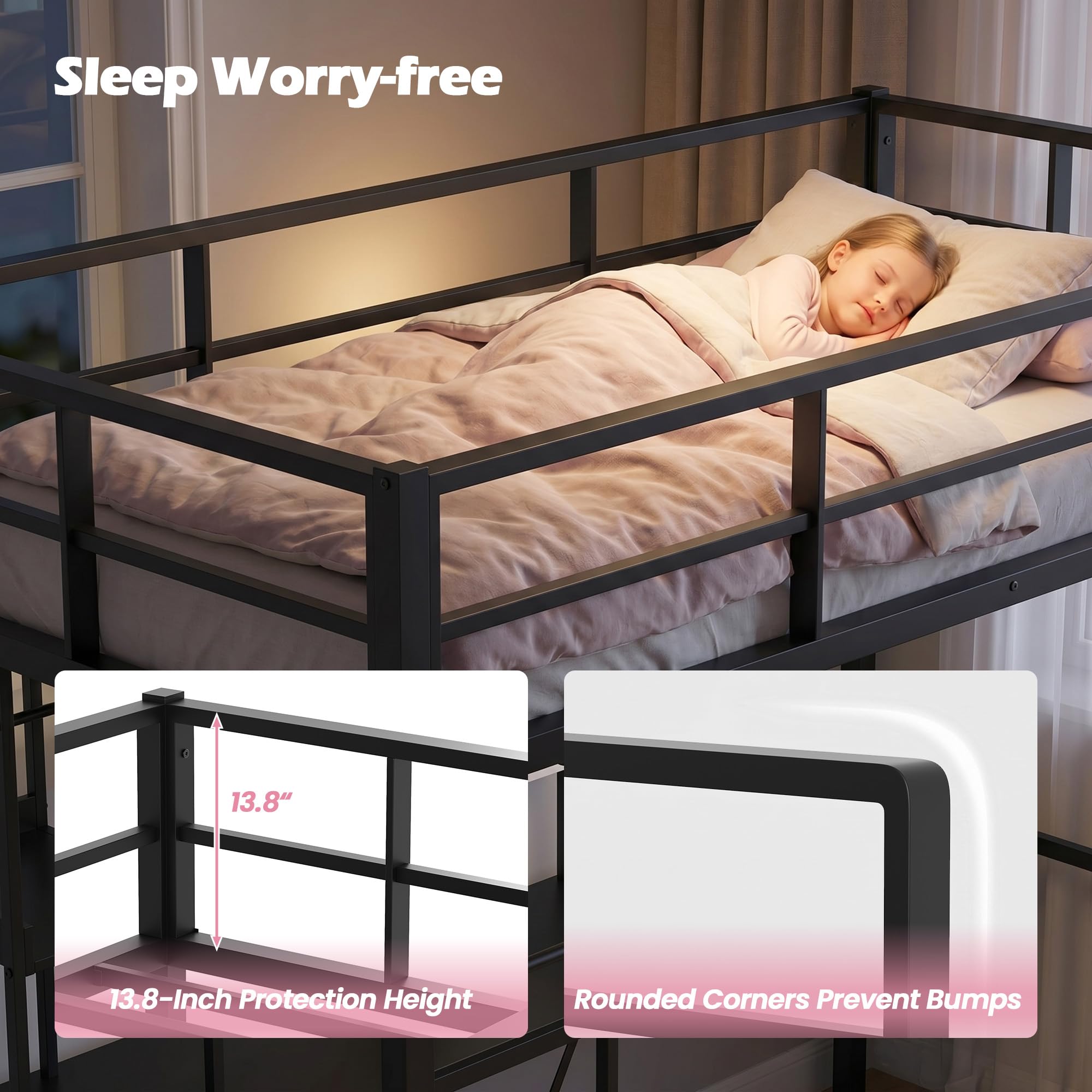 FUQARHY Twin Size Loft Bed with Desk, Bunk Bed with Storage Drawers Underneath, Metal Loft Bed Twin with Vanity, No Box Spring Needed (Black)