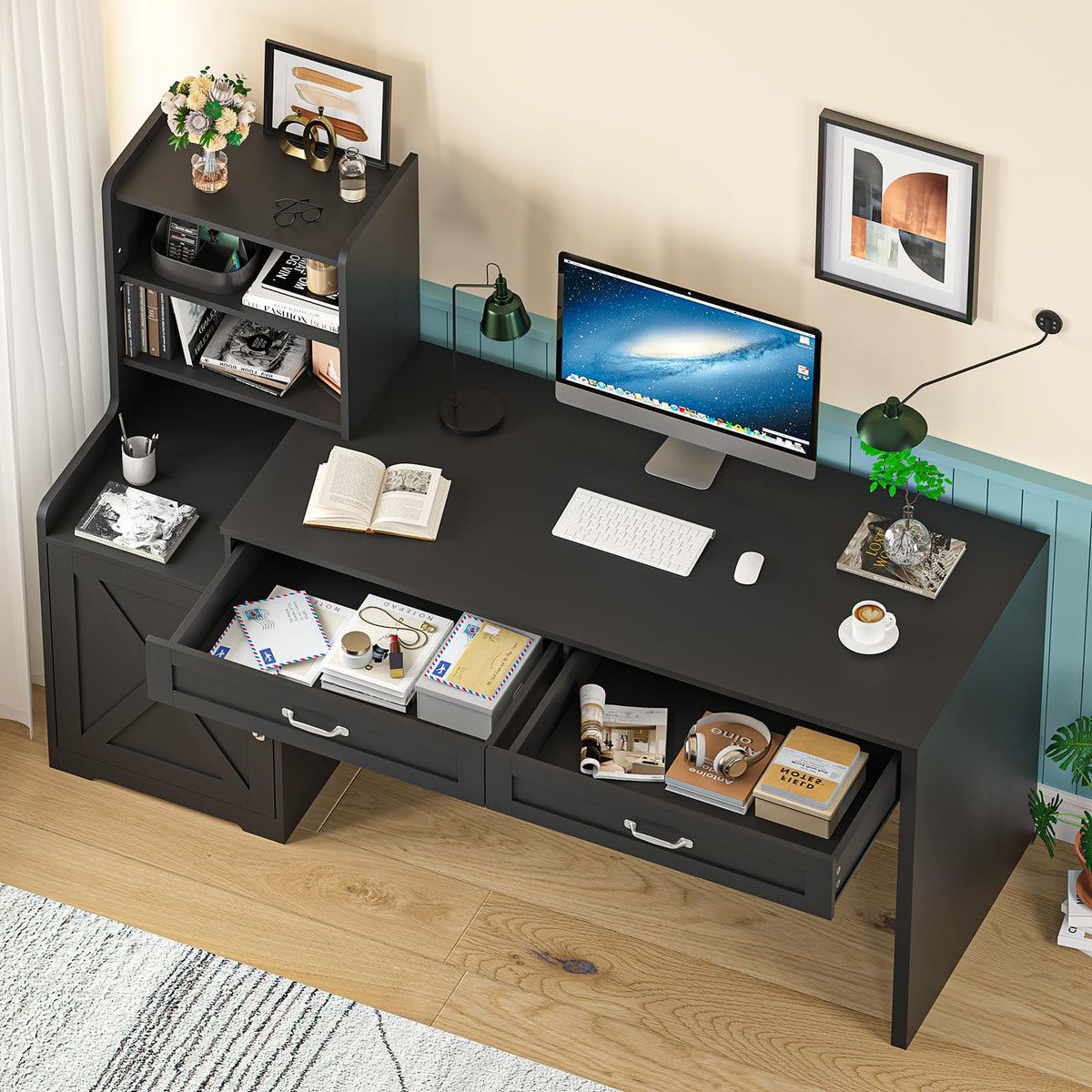 60" Computer Desk with Drawers & Bookshelves for Bedroom, Home Office