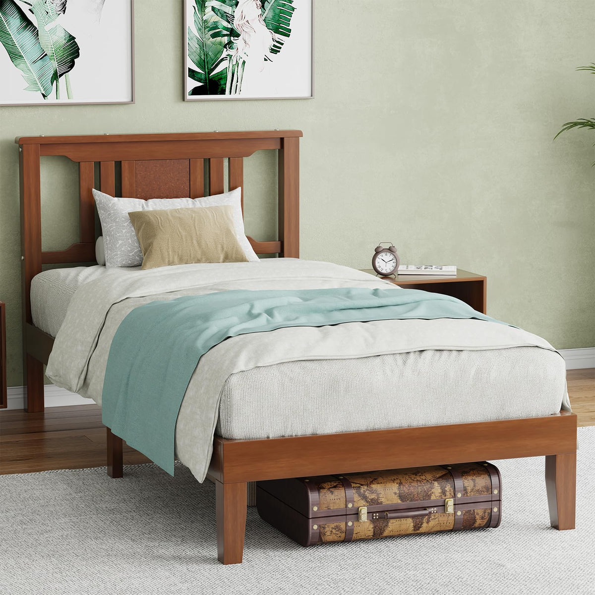 OLIXIS Twin Bed Frame with Headboard, Solid Wood Bedframe