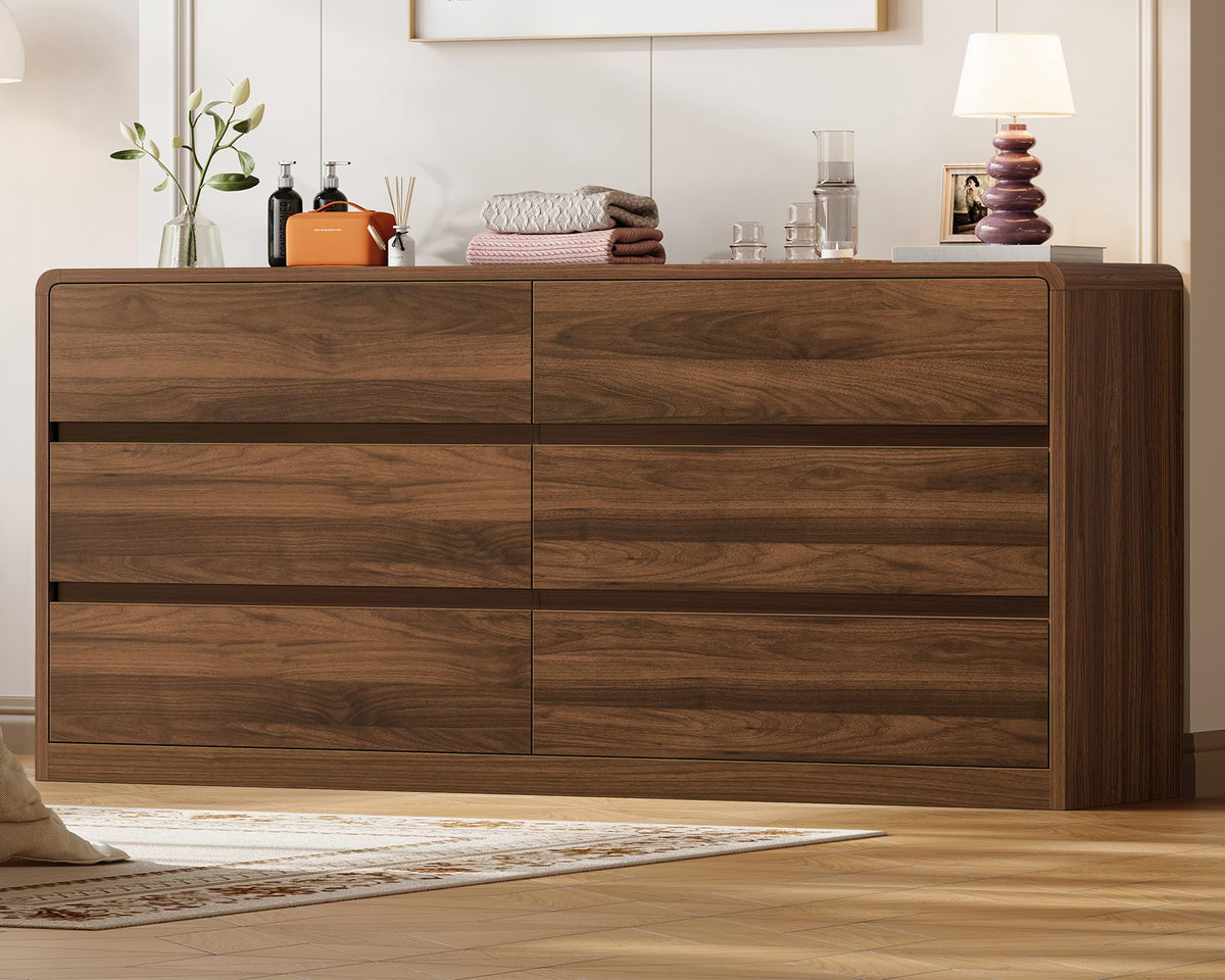 TEENFON 55" Dresser for Bedroom with 6 Drawers, Dressers & Chests of Drawers with Curved Profile Design, 6 Drawer Dresser, Bedroom Dressers, Wood Dressers for Bedroom, Hallway, Walnut