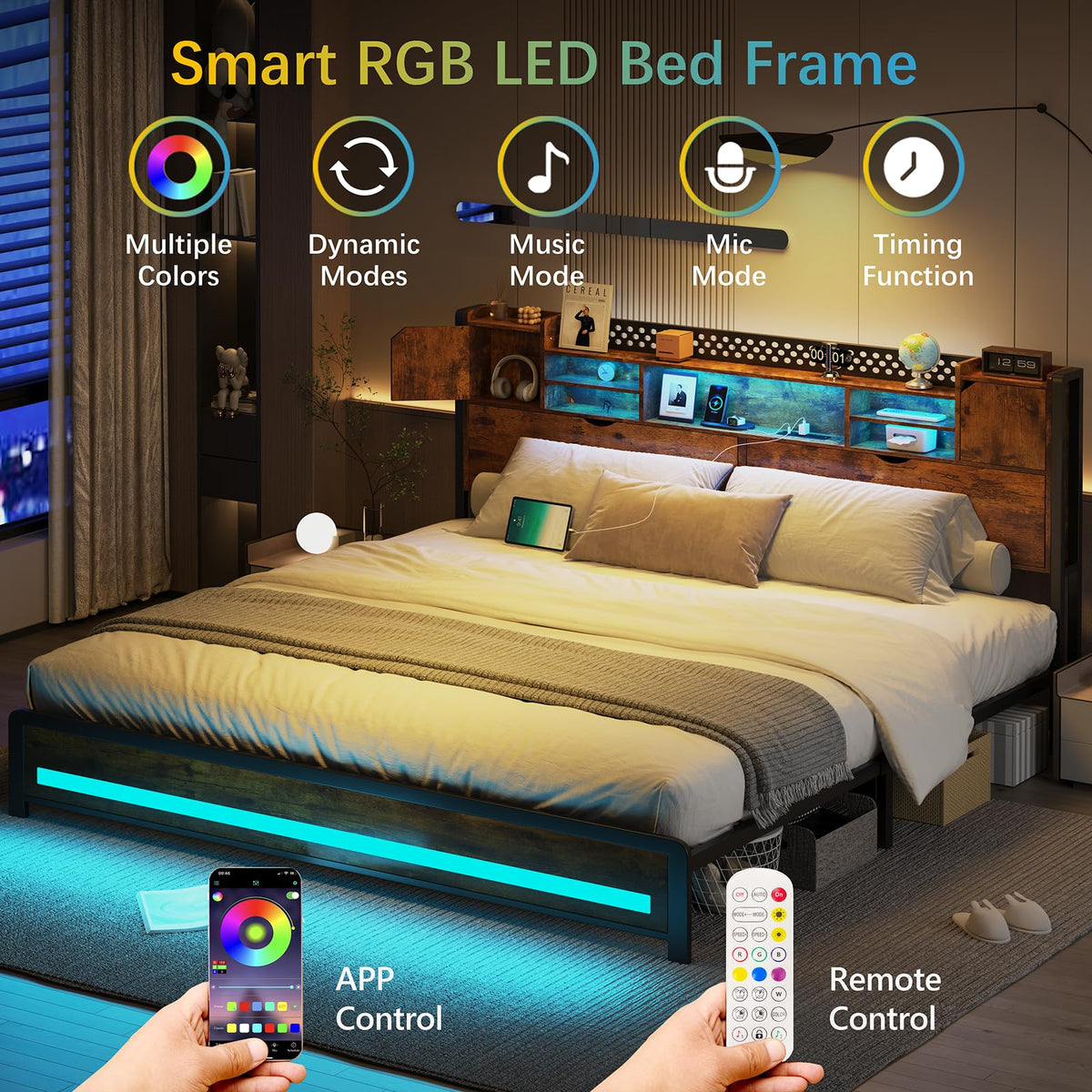 CSZZD King Size Bed Frame and Storage Headboard & LED Lights
