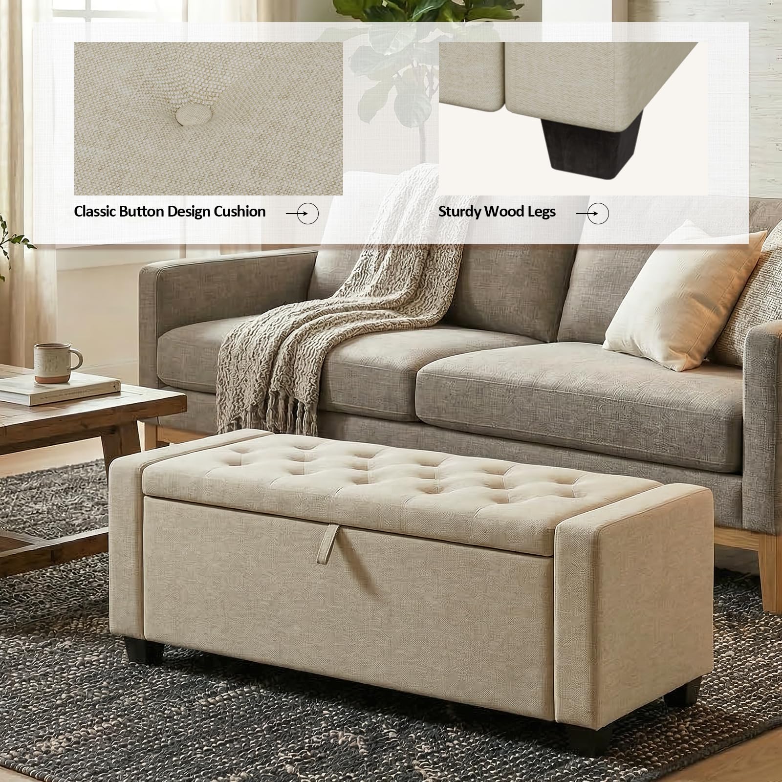 DUSACOM Storage Ottoman Bench, 50" End of Bed Bench with Legs,Storage Chest with Safety Hinge, Modern Entryway Benchs for Living Room, Bedroom, Entryway, Beige