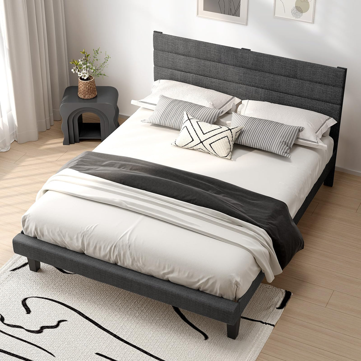 VINGLI Full Bed Frame with Headboard,Upholstered Platform Bed with Adjustable Headboard,Heavy Duty Slats Support,Mid Century Modern,Noise Free, No Box Spring Needed, Dark Gray