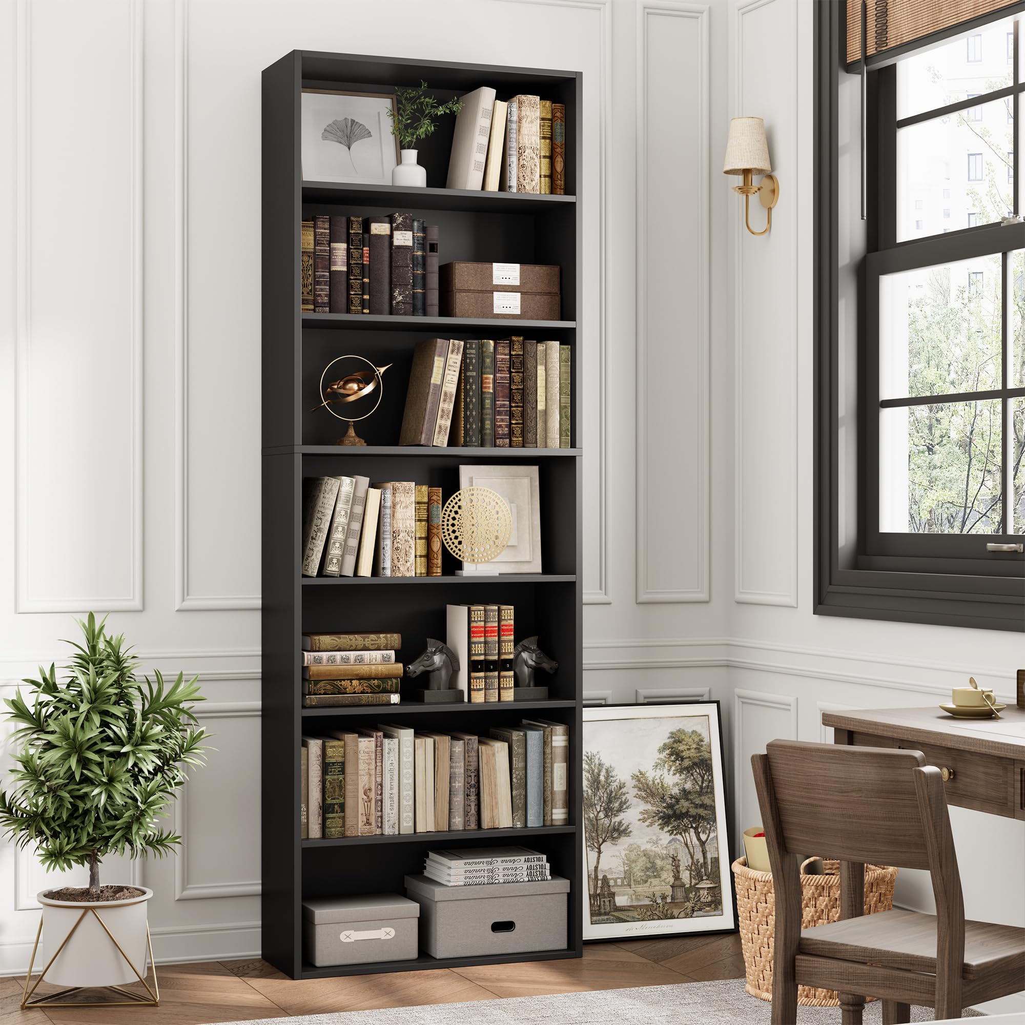 FACBOTALL 82" Tall Bookshelf, 7-Tier Open Shelves Bookcase, Freestanding Display Storage Shelves, Tall Bookcase Home Decor Furniture for Home Office, Living Room, Bedroom, Black