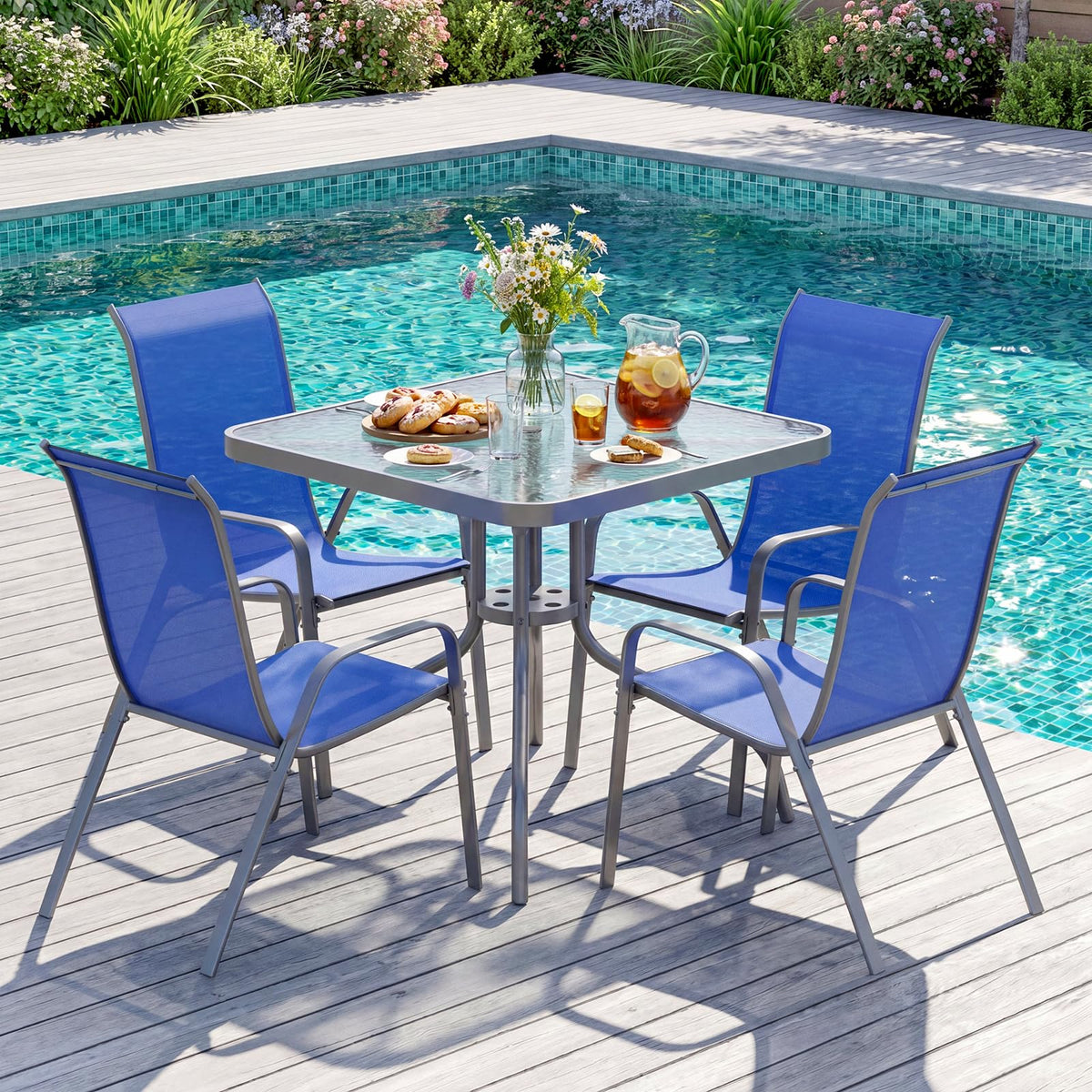 TLSUNNY 5 Pieces Patio Dining Set for 4, Glass Table and Textilene Chair