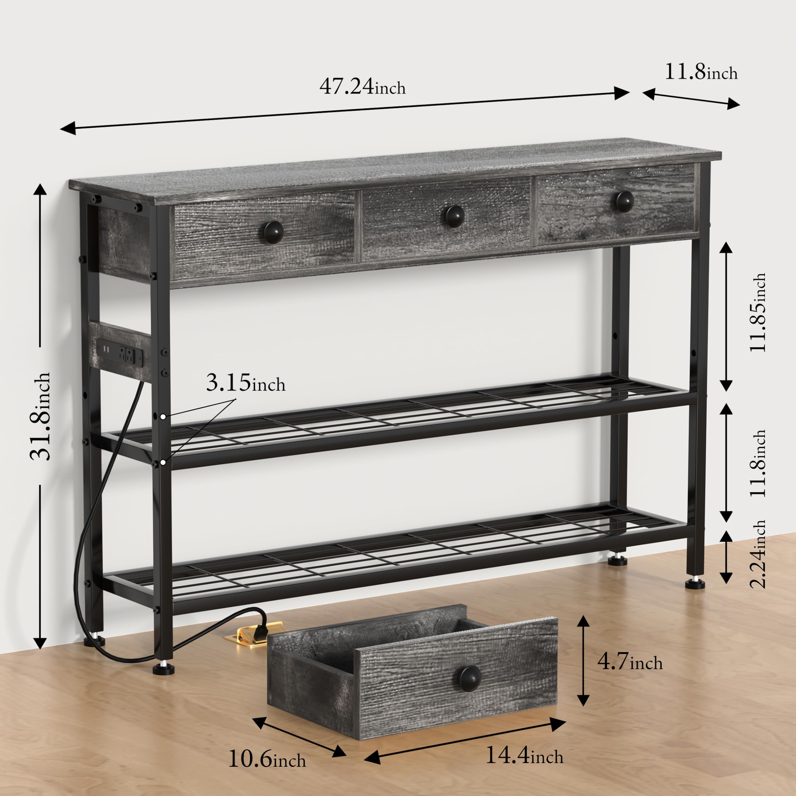 47" Narrow Console/Entryway Table with Storage & 3 Drawers & Outlets, for Sofa & Living Room, Hallway/Foyer/Couch/TV/ Aquarium Stand Table for Entryway with USB Ports, LED Light Strip,Perfect for Home
