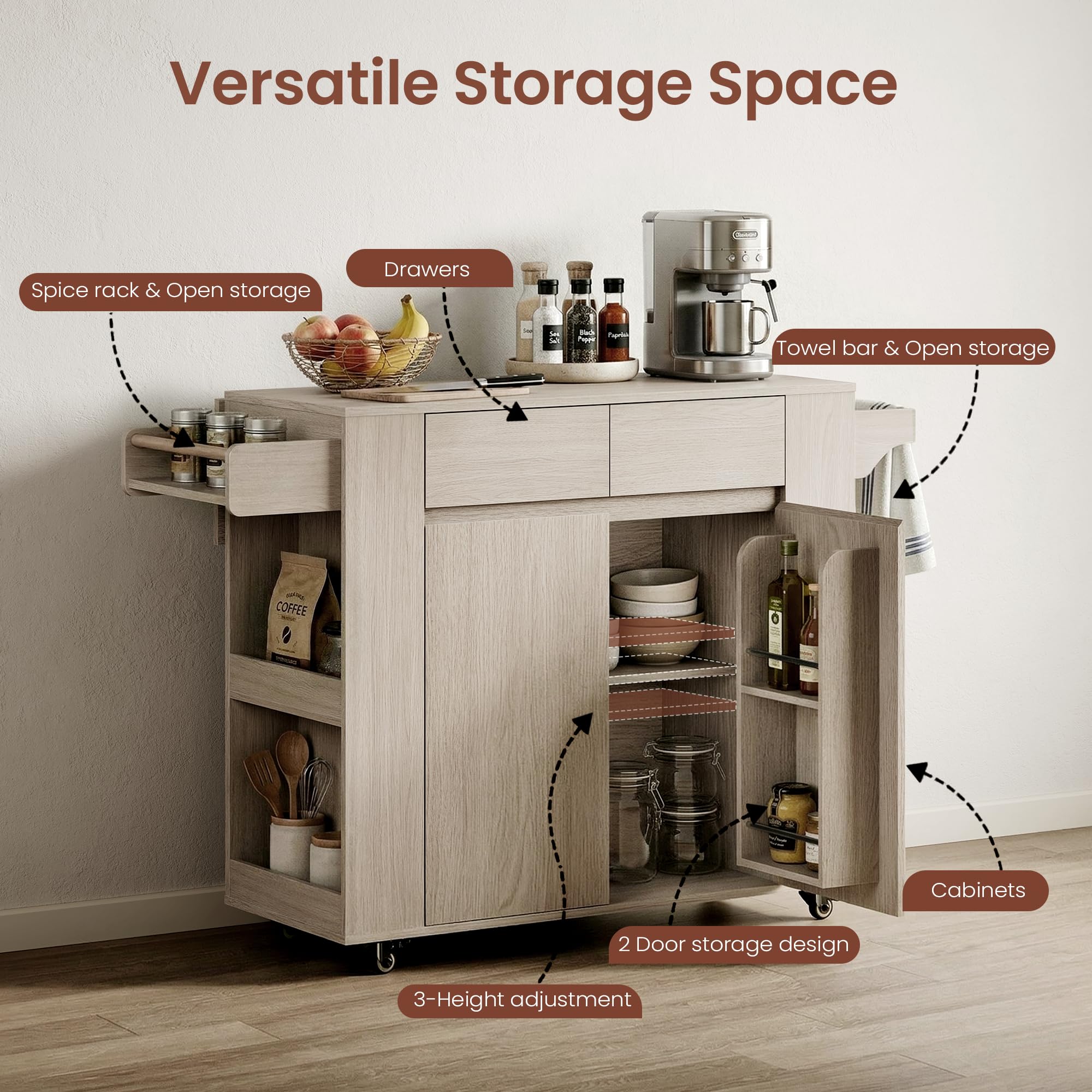 ModernMate 51'' Mobile Kitchen Island with Drop Leaf, Rolling Kitchen Cart with Drawrs & Storage Cabinet on Wheels, Portable Island Table with Spice Rack & Towel Rack for Dining Room, White Oak Gray