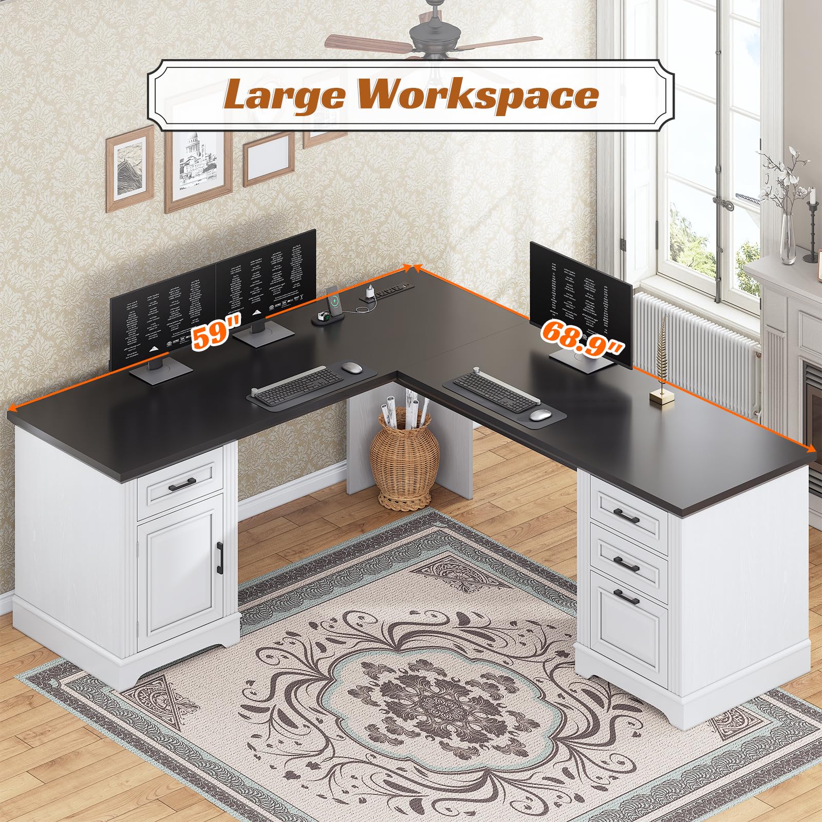 L-Shaped Executive Desk with Drawers & Power Outlet