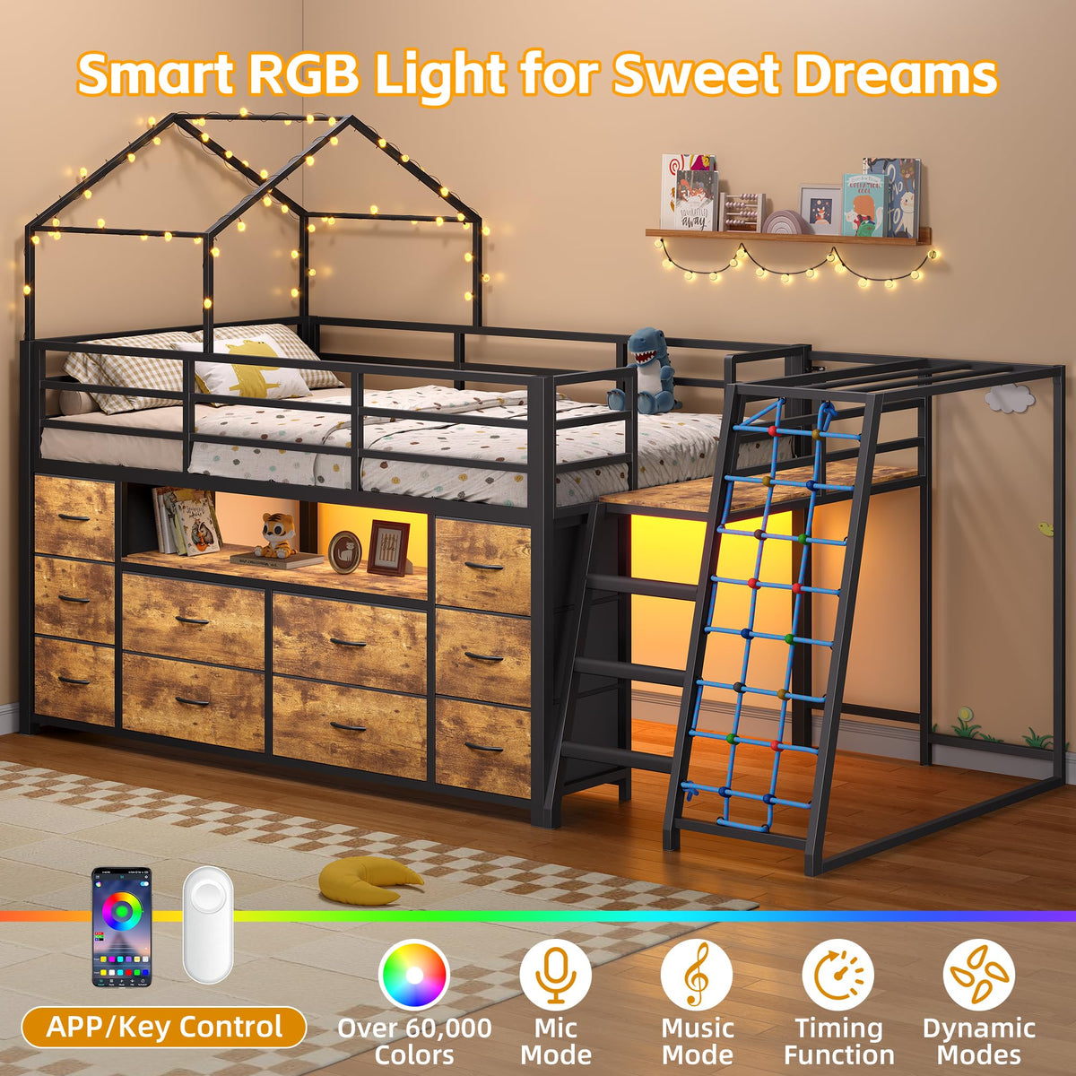 Dnxao Low Loft Bed Twin with 10 Drawers & Climbing Net, Rustic Brown