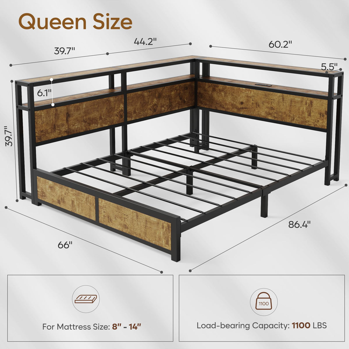 CIKUNASI Queen Corner Bed Frame with Storage Headboard, Metal Platform Bed Frame with LED Light and Charging Station, Queen Daybed for Living Room, Bedroom & Guest Room