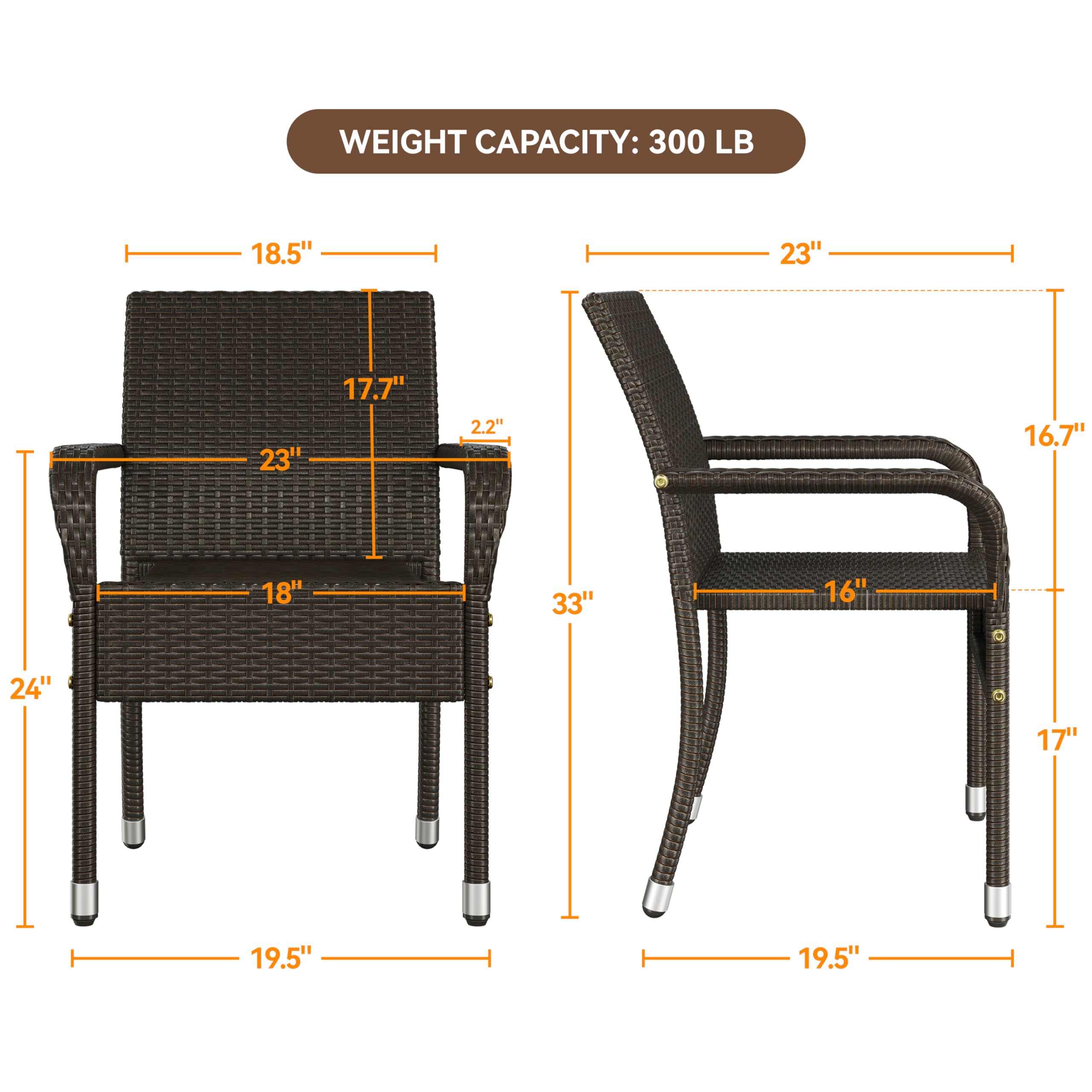 Yaheetech Set of 4 Stackable Outdoor Rattan Dining Chairs, All-Weather Armchair w/Armrests, Steel Frame for Garden, Patio, Deck, Yard, Poolside, Brown