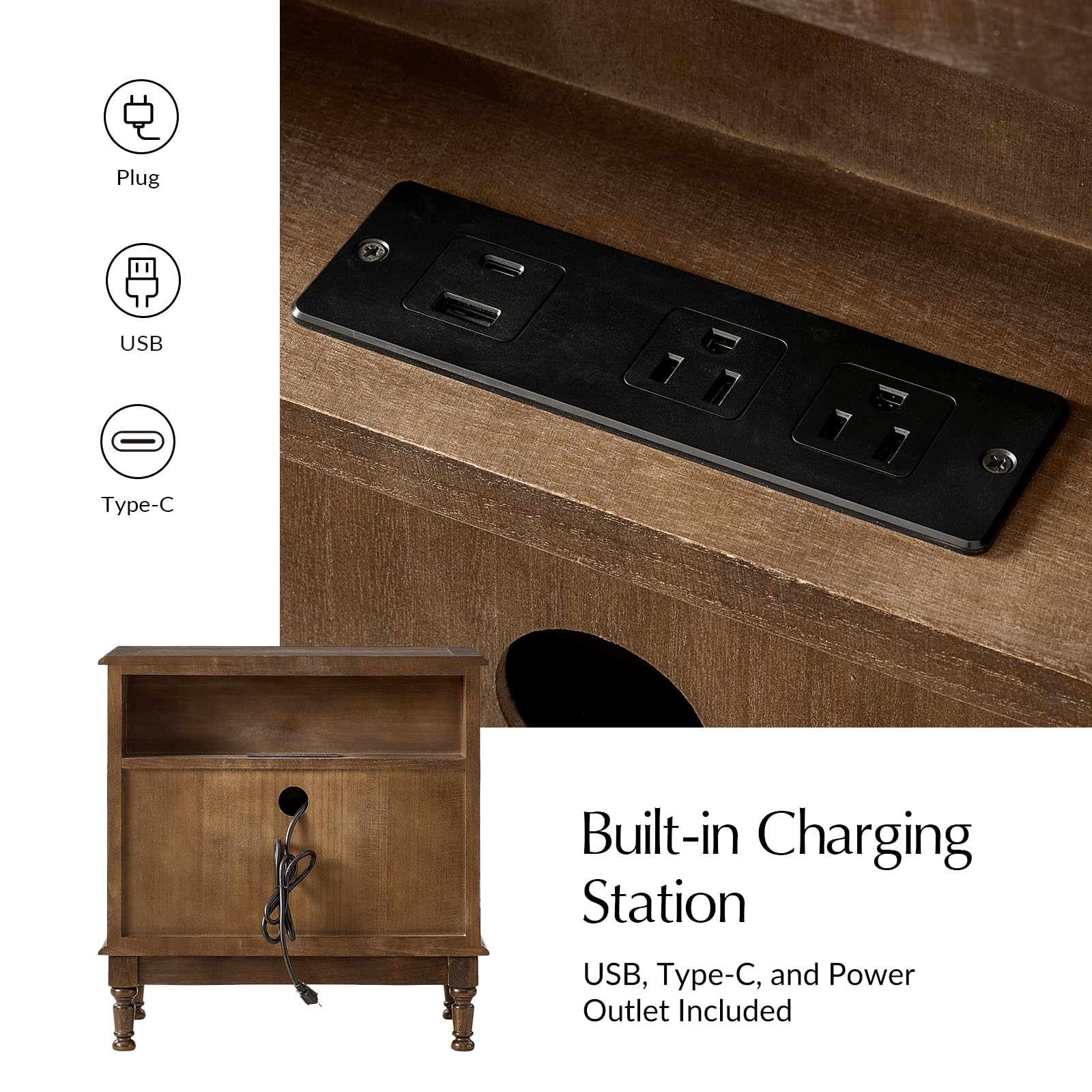 Solid Wood End Table with Charging Station & 3 Drawers